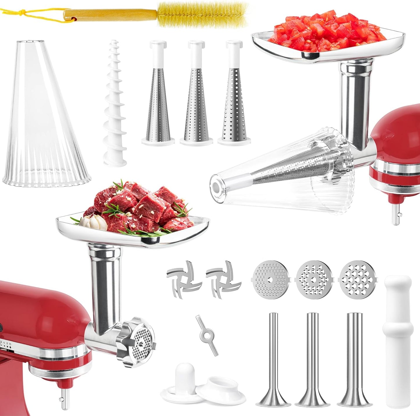 GLINK Fruit and Vegetable Attachment Strainer Set with Meat Grinder for Kitchenaid Stand Mixer, Fruits Juicer Vegetables Strainer Attachment and Sausage Stuffer Tubes for Kitchenaid Mixer Attachments