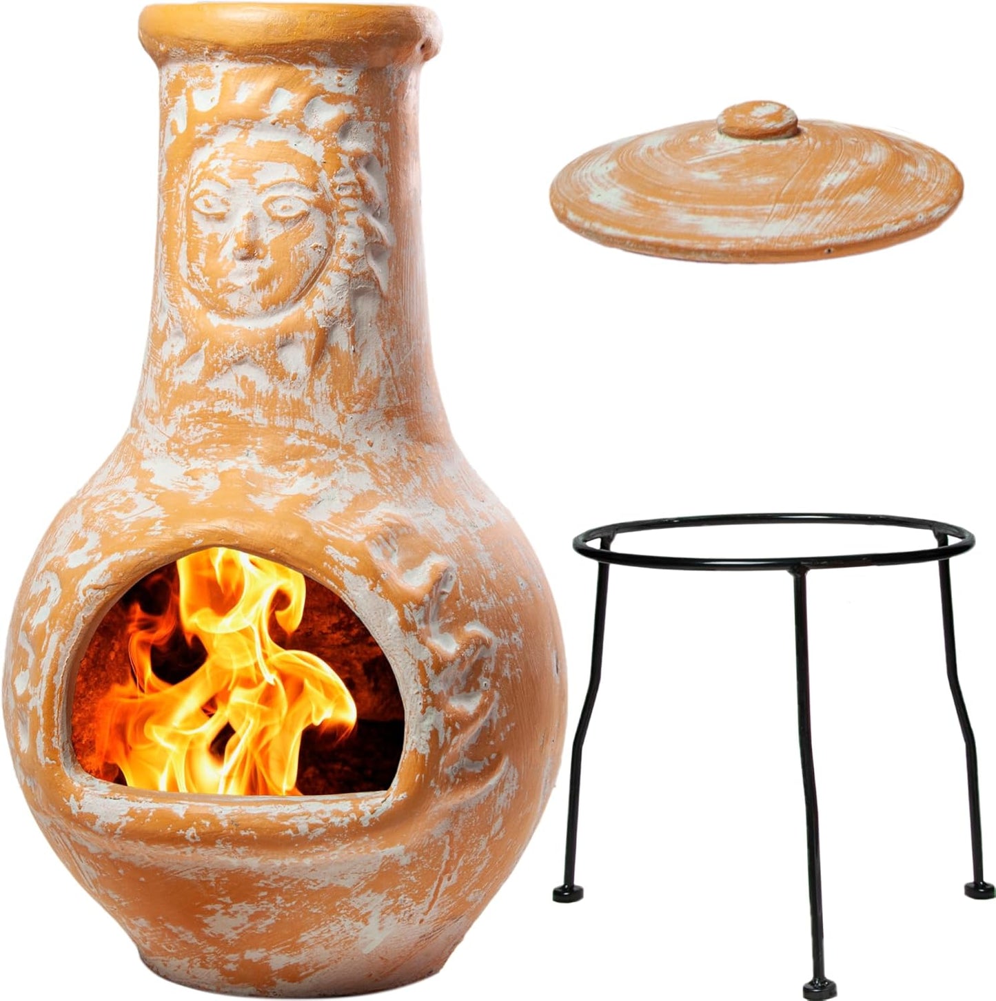 Wiosi Medium ๐๐ต๐ถ๐บ๐ถ๐ป๐ฒ๐ฎ Outdoor Fireplace Clay Chimineas with Chimney Rain Lids and Solid Metal Stands - Yellow Terracotta Chimenea - Rustic Fire Pit Chimnea 16 x 16 x 32-inch