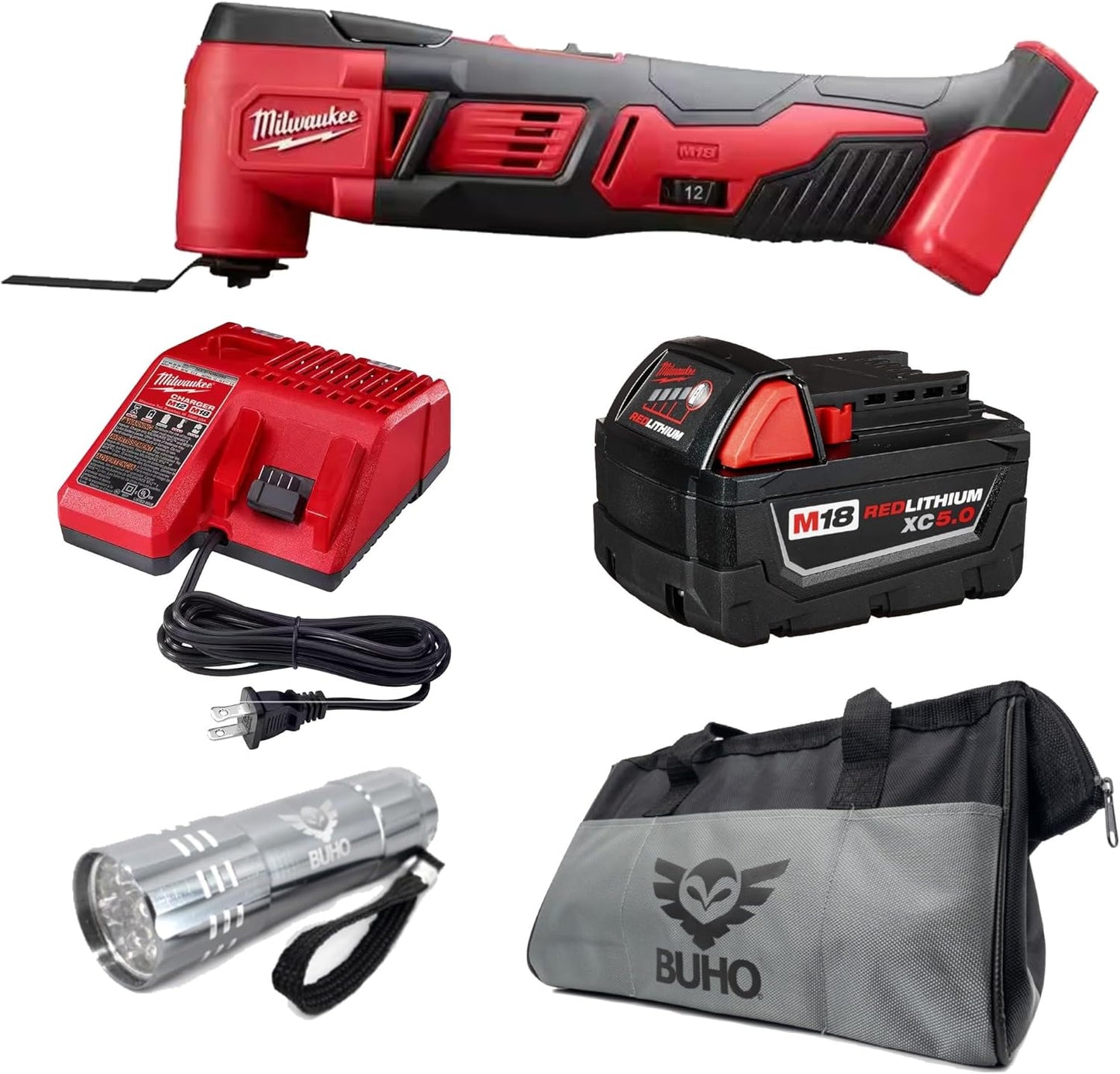 Milwaukee M18 18V Cordless Oscillating Multi-Tool Bundle with 5.0Ah Battery, Charger, Buho Tool Bag and Flashlight