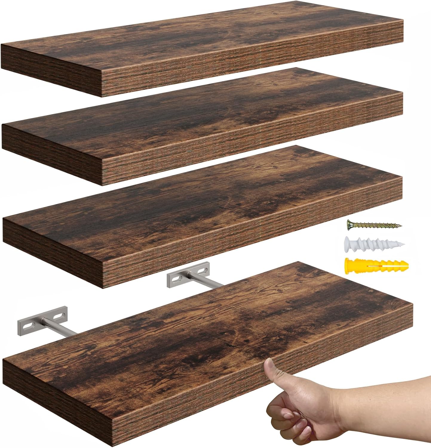 YUFLINX 16\u2019\u2019Rustic Brown Floating Shelves for Wall,Rustic Wood Shelf for Room Decor\/Storage\/Display,Small Bookshelf,Wall Mounted Hanging Shelves for Bedroom, Bathroom, Living Room, Kitchen,Set of 4