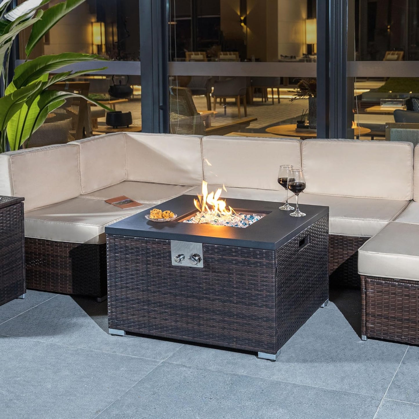 Outdoor Gas Fire Pit Table – 32 Inches Square Dark Brown Propane Fire Pit with Glass Rocks, 50,000 Btu, 1 Door, for Patio, Deck, Living Room (1 Doors)