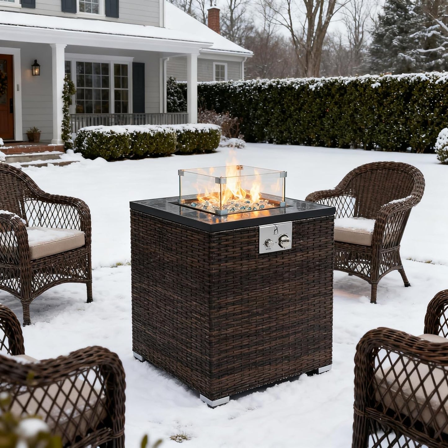 KWOJU 24" Propane Gas Fire Pit Table, 50000 BTU Square Fire Pit, Tile Tabletop with Beautiful Wicker Base for Outside Patio Deck Garden Courtyard (Black, 24Inch)