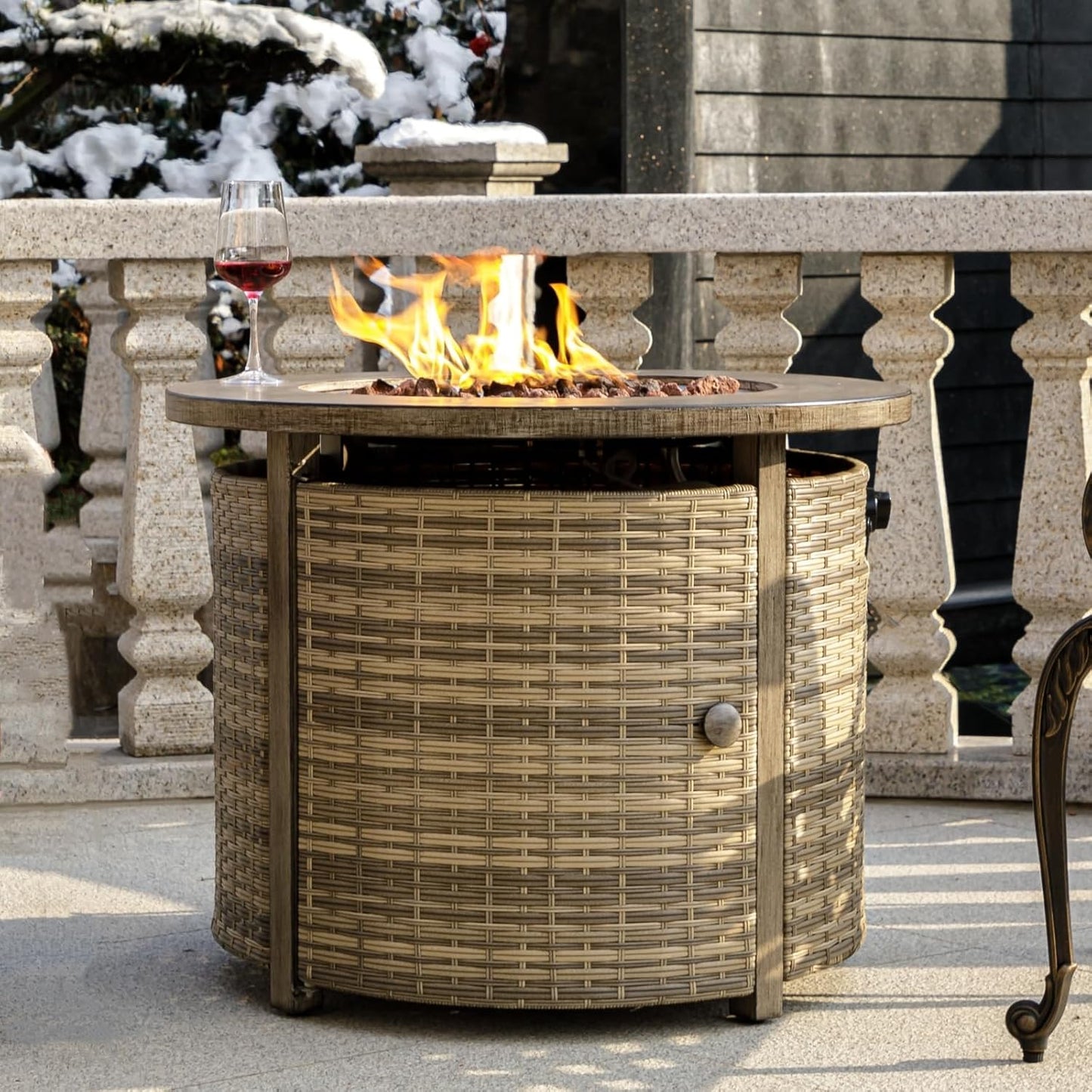 32 inch Propane Fire Pit Table,Wicker Gas Fire Pits Table with Lid & Lava Rocks, 50000 BTU Round Propane Firepit for Outside, Fire Table for Dining,Party, Patio,Yard