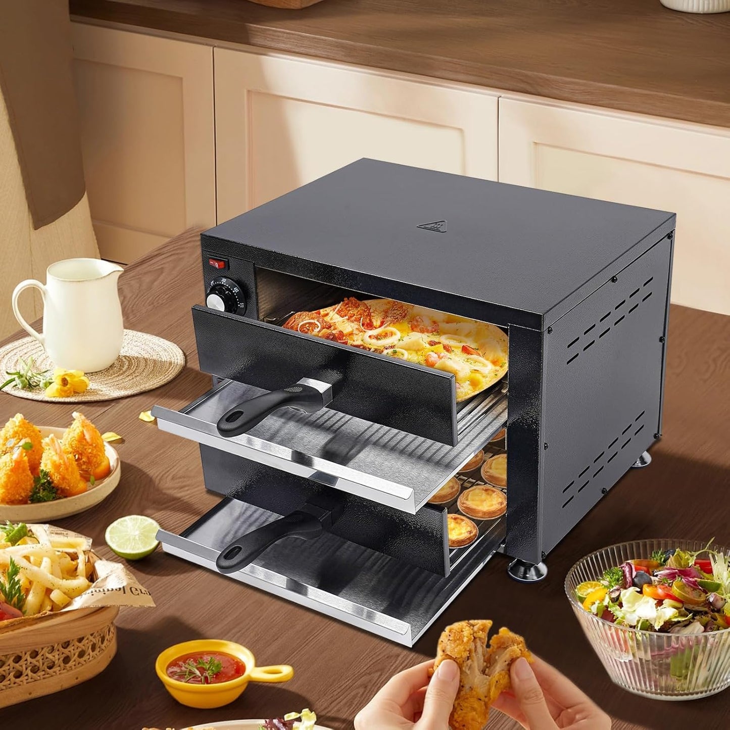 Dual Tier Commercial Pizza Oven Countertop Electric Pizza Baking Maker 0-300°C 0-60min Timer Indoor Electric Pizza Oven w/2 Removable Crumb Tray & 2 Grid Trays, 2200W