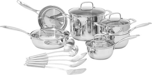 Amazon Basics Stainless Steel Cookware 15-Piece Set, Oven Safe, Pots and Pans, Induction-Ready, Even Heating, Easy to Clean, Heavy Duty, Silver