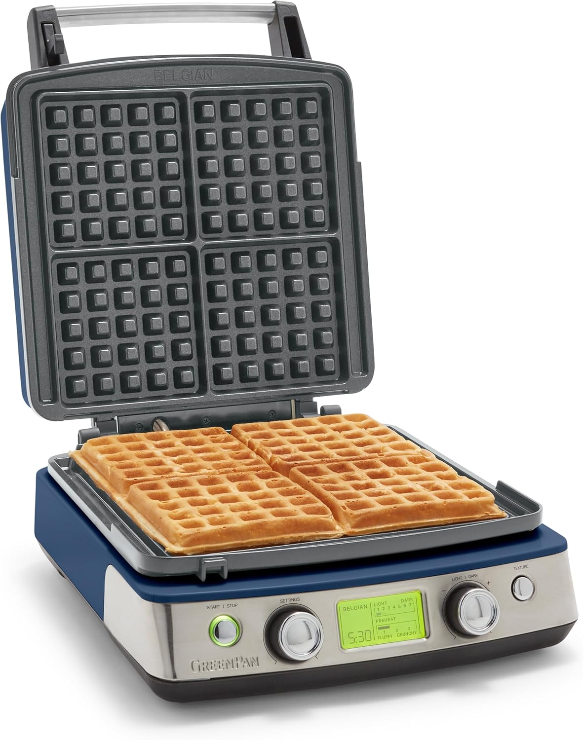 GreenPan Elite 4-Square Belgian & Classic Waffle Maker, Healthy Ceramic Nonstick Aluminum Dishwasher Safe Plate,Adjustable Shade\/Crunch Control Wont Overflow Easy Clean,Breakfast,PFAS-Free,Oxford Blue