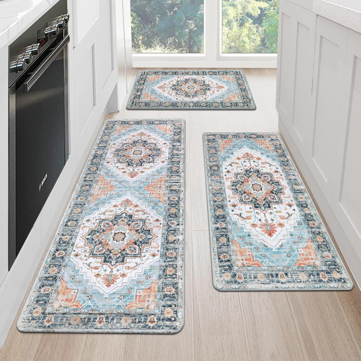 MJIAHOMDEC Cushioned Kitchen Rug Sets 3 Piece Anti Fatigue Kitchen Mats for Floor Non Slip Waterproof Kitchen Rugs and Mats Comfort Standing Mat Runner for Home Office,Sink,Laundry