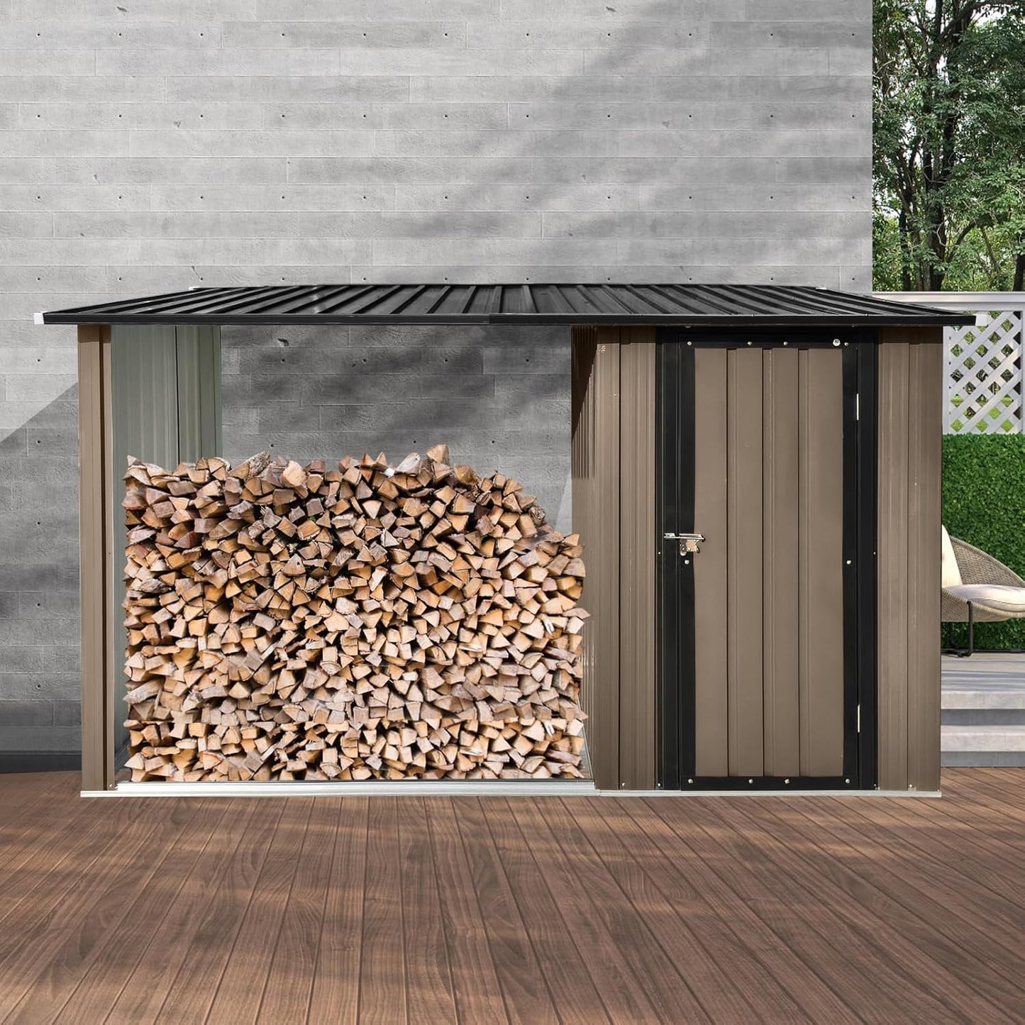 Heavy-Duty Outdoor Metal Firewood Rack with Storage Shed – 2-in-1 Galvanized Steel Wood Storage Solution, Waterproof & Rust-Resistant for Yard Organization