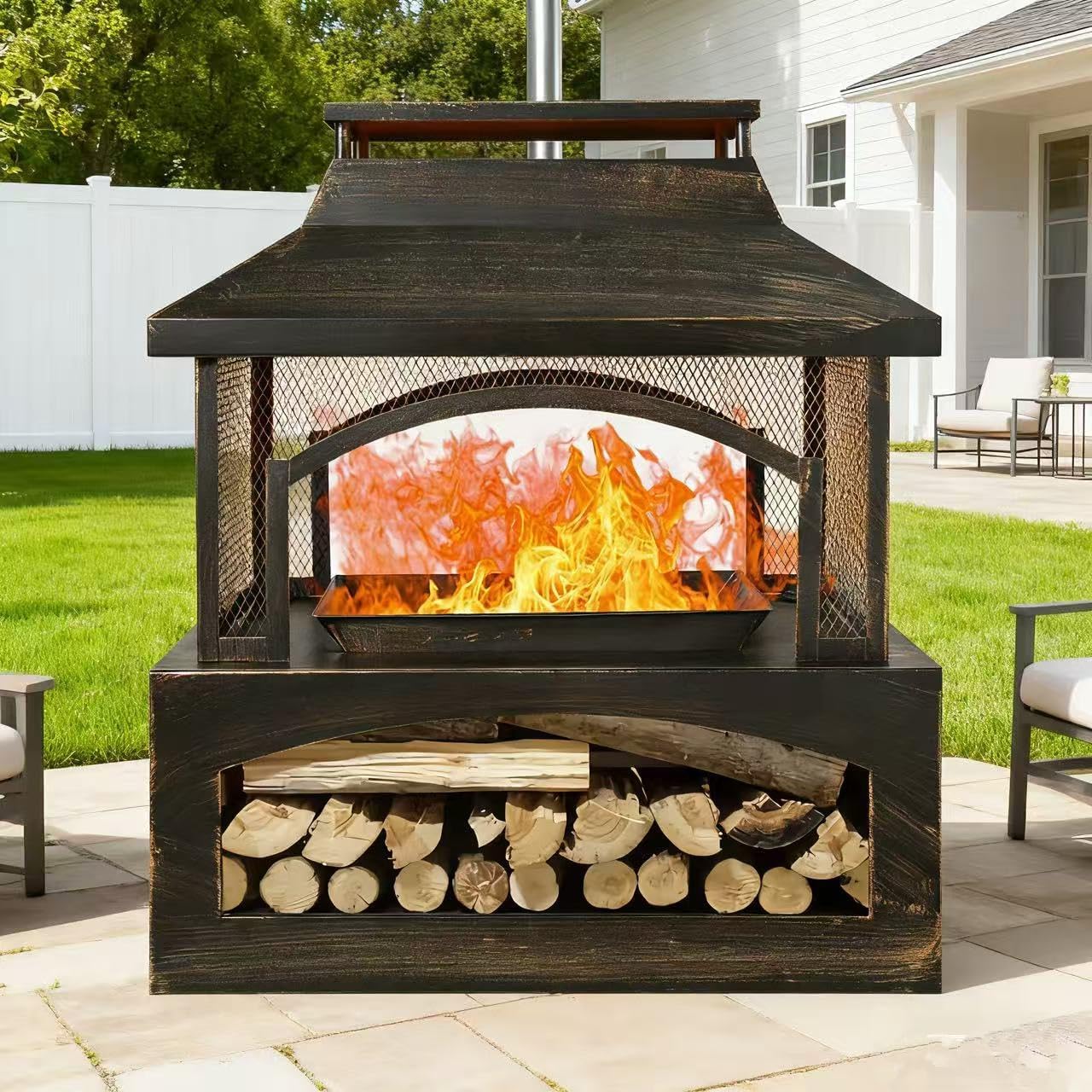 37-inch Rectangular Outdoor Wood Burning Fire Pit, Metal Fireplace with Spark Screen, Chimney Design with Mesh Screen,Log Storage & Poker, Brushed Bronze Patio Heater for Backyard Garden