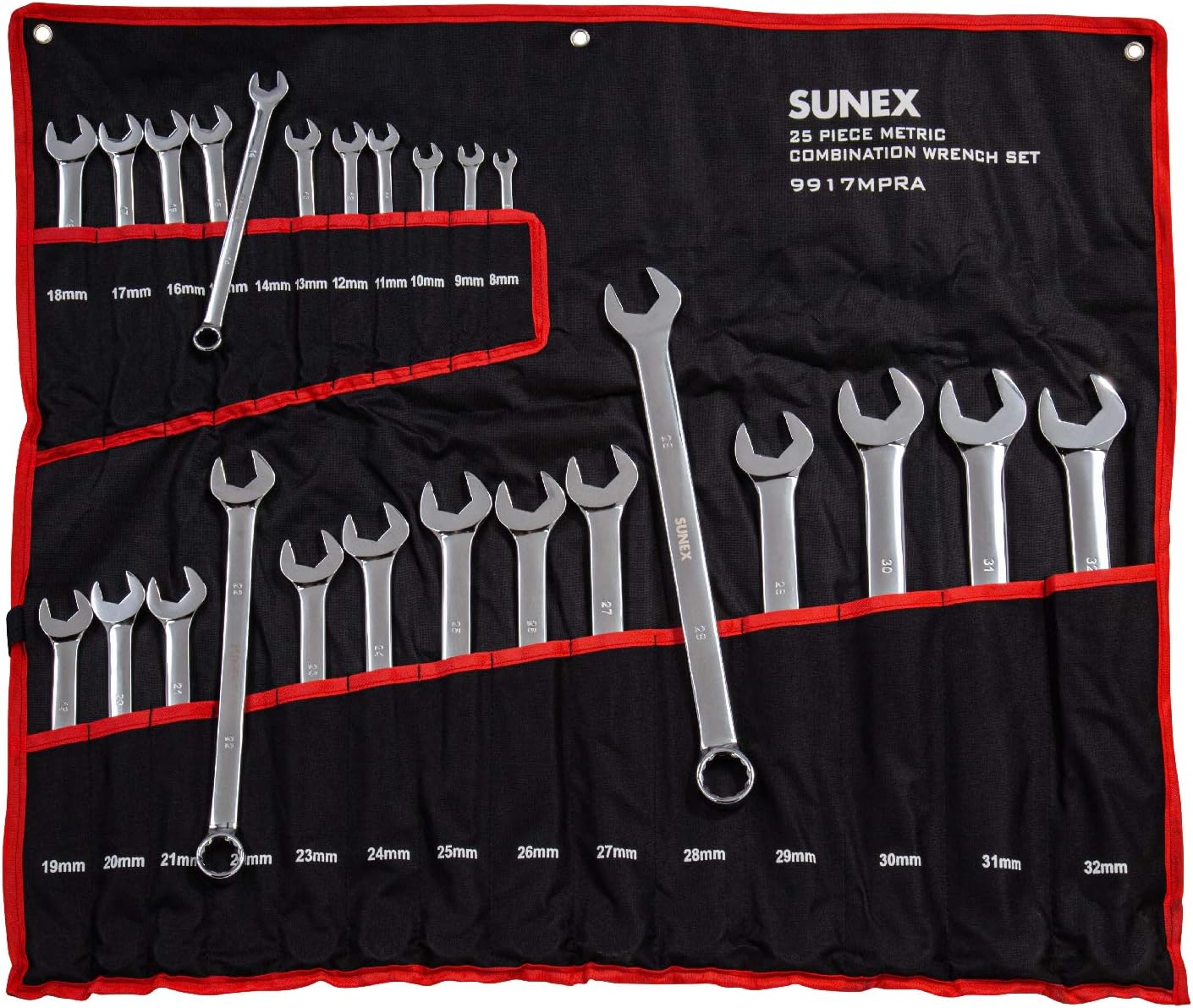 Sunex Tools 9917MPRA Metric V-Groove Combination Wrench Set, 8mm - 32mm, Fully Polished, 25-Piece (Includes Roll-Case)