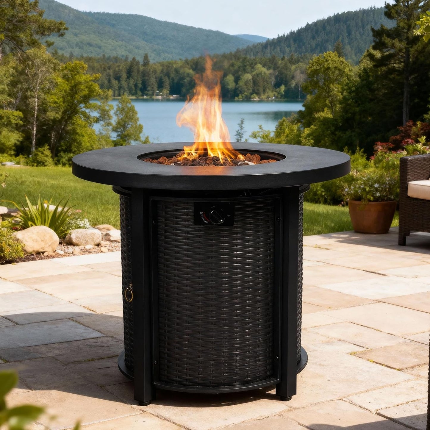 30" Propane Gas Fire Pit Table, 50000 BTU Round Steel Fire Pit with Propane Fire Table, Volcanic Stones, A Weatherproof Cover for Outside Patio Garden Courtyard, Thanksgiving Outdoor Furniture, Black