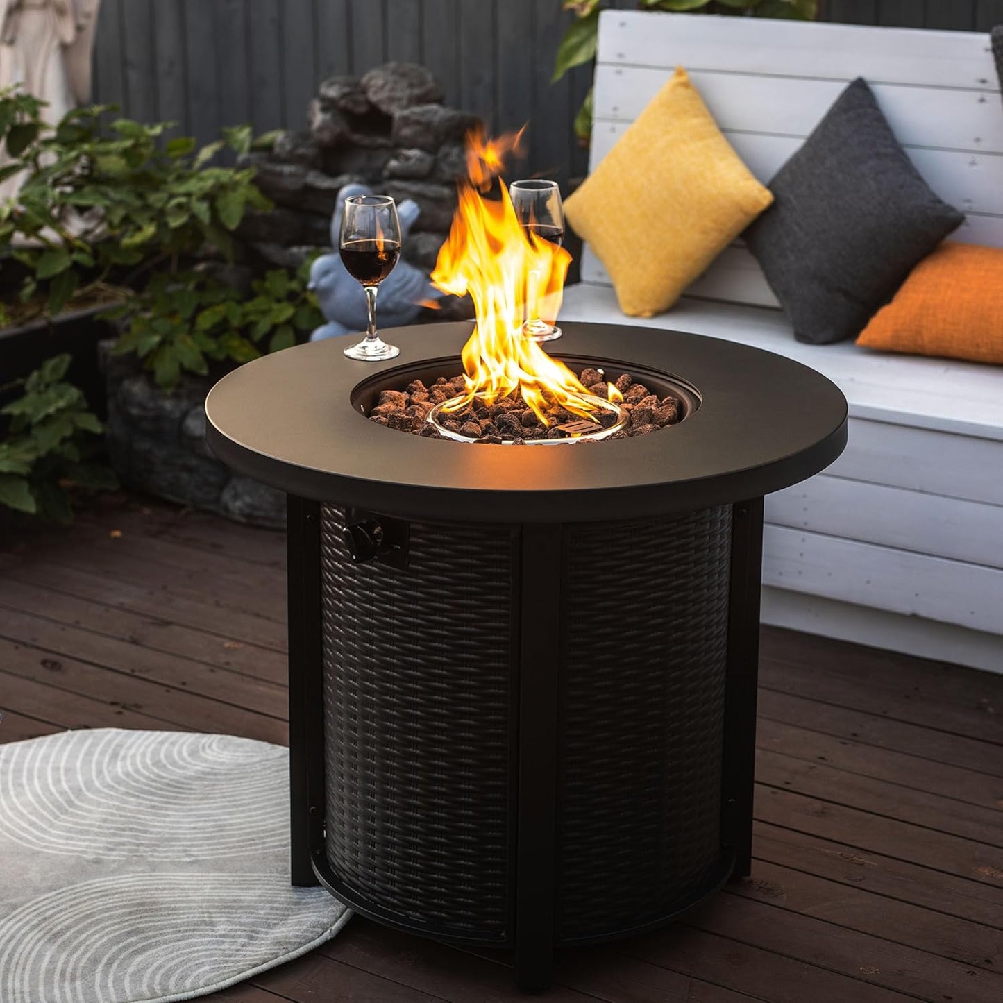 KWOJU 30" Propane Fire Pit Outdoor Fire Pit Table, 50,000 BTU Steel Gas Fire Pits with Lid and Lava Rock, Add Warmth and Ambience to Parties On Patio Deck Garden, Black (Black, 30 Inch)