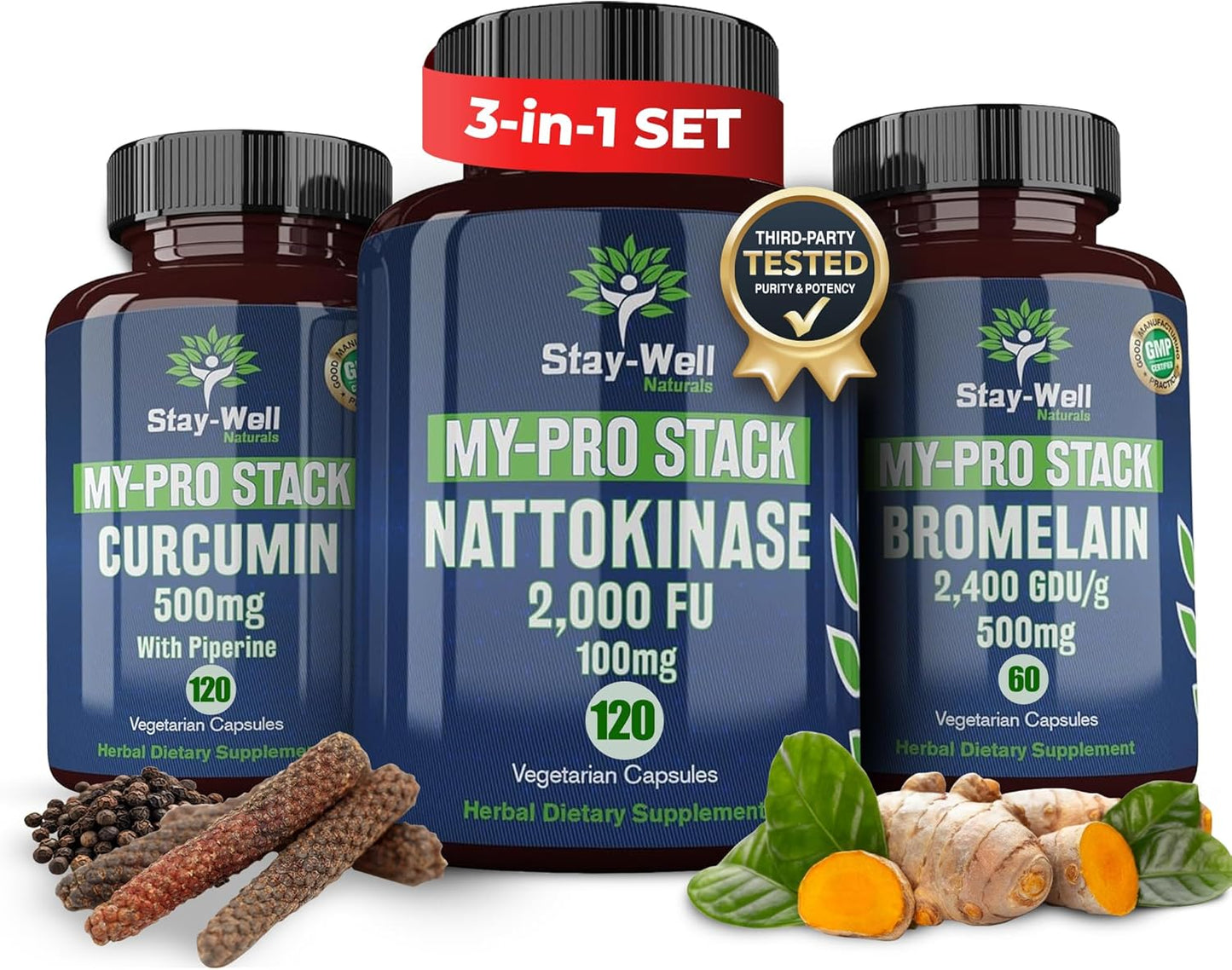 Spike Protein Supplement | Nattokinase 2000 FU 100mg, Bromelain 500mg, Curcumin 500 mg, 60 Day Supply | Full Protocol of Nattokinase Bromelain Curcumin (3 Bottle Set)