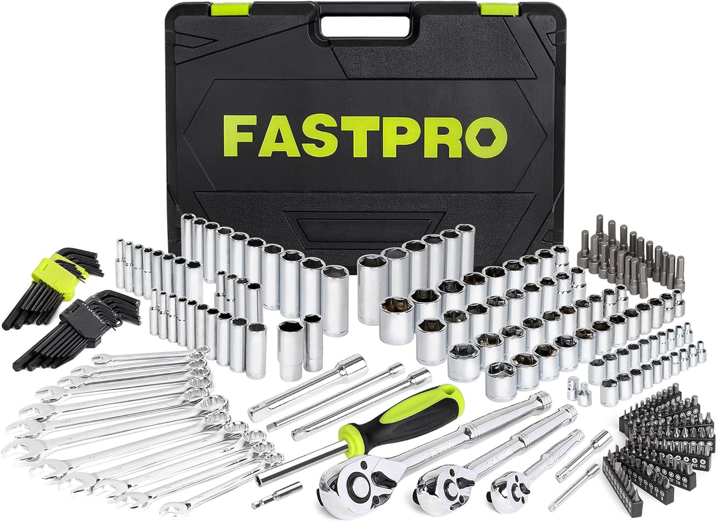 FASTPRO 249-Piece Mechanics Tool Set, SAE and Metric Socket Wrench Set, Include 1/2", 3/8", 1/4" Drive Sizes, Combination Wrenches, Ratchets, Hex Keys, Tool Kit for Auto Repairs and Maintenance