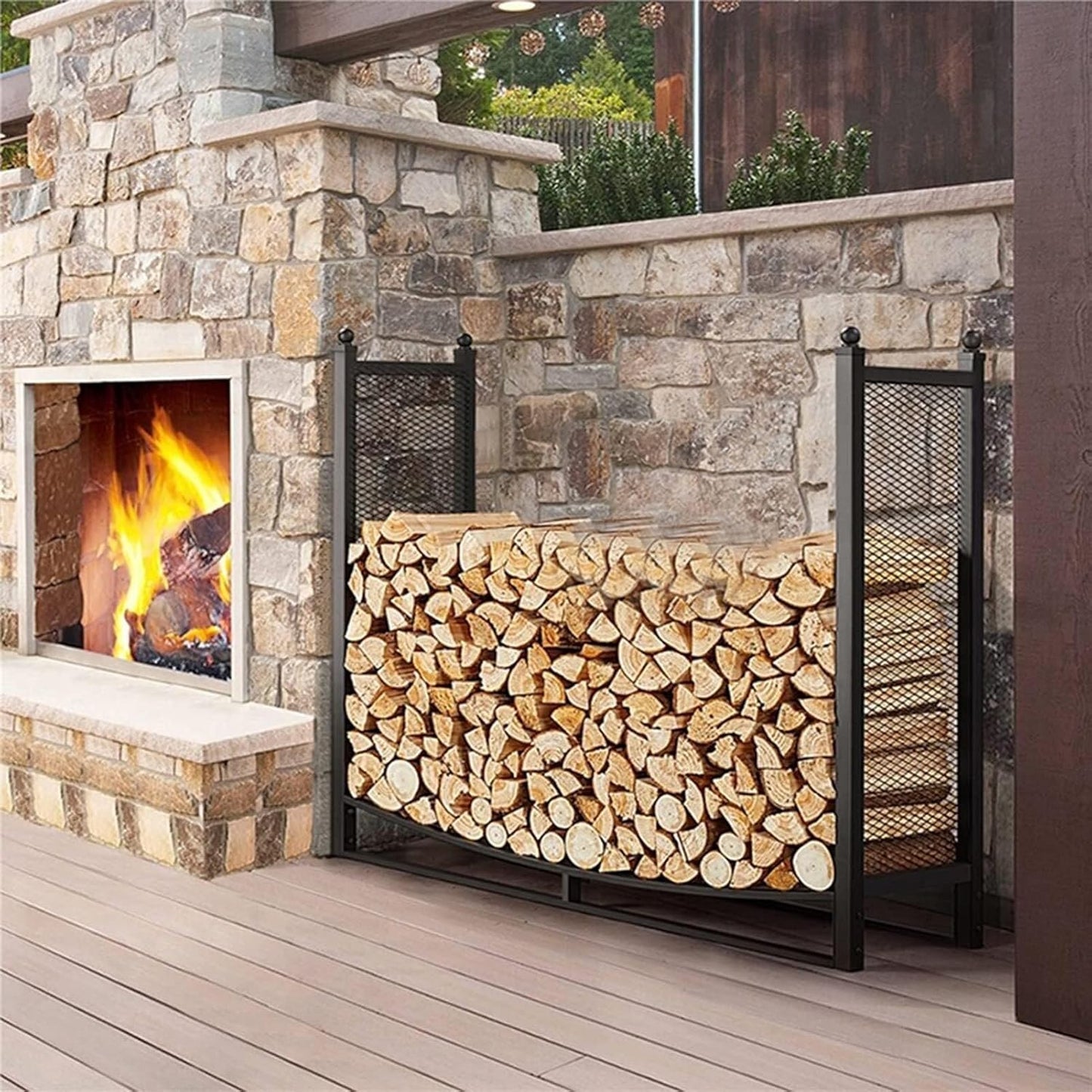 Firewood Rack with Grid Sides, Firewood Rack Stand for Indoor and Outdoor Fireplace Log Storage, Metal Wood Stacking Organizer