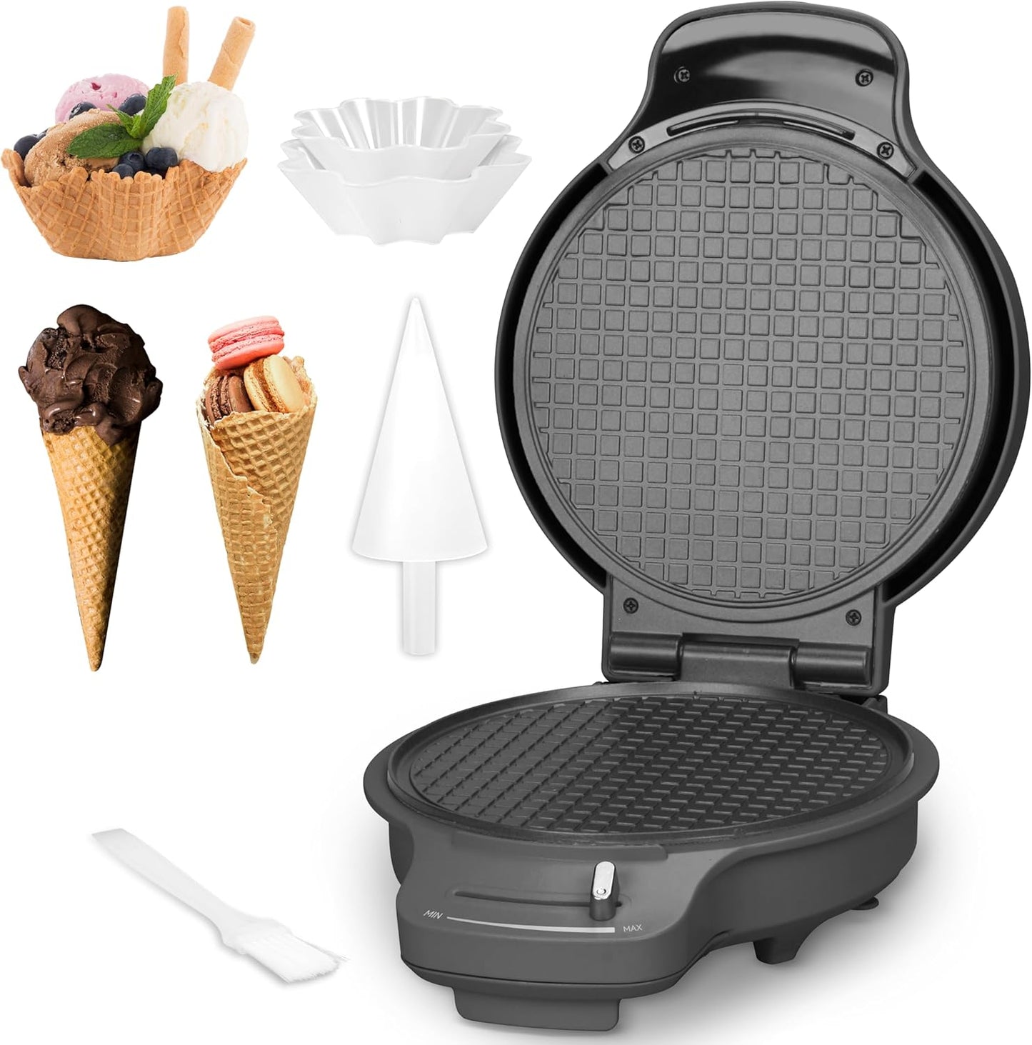 Baker's Friend Waffle Cone Maker Machine with Browning Control, Nonstick Waffle Bowl Maker, 7.5\u201D Ice Cream Cone Maker, Thin Waffle Maker Crispy, Cone Roller & Bowl Press Included, Graphite