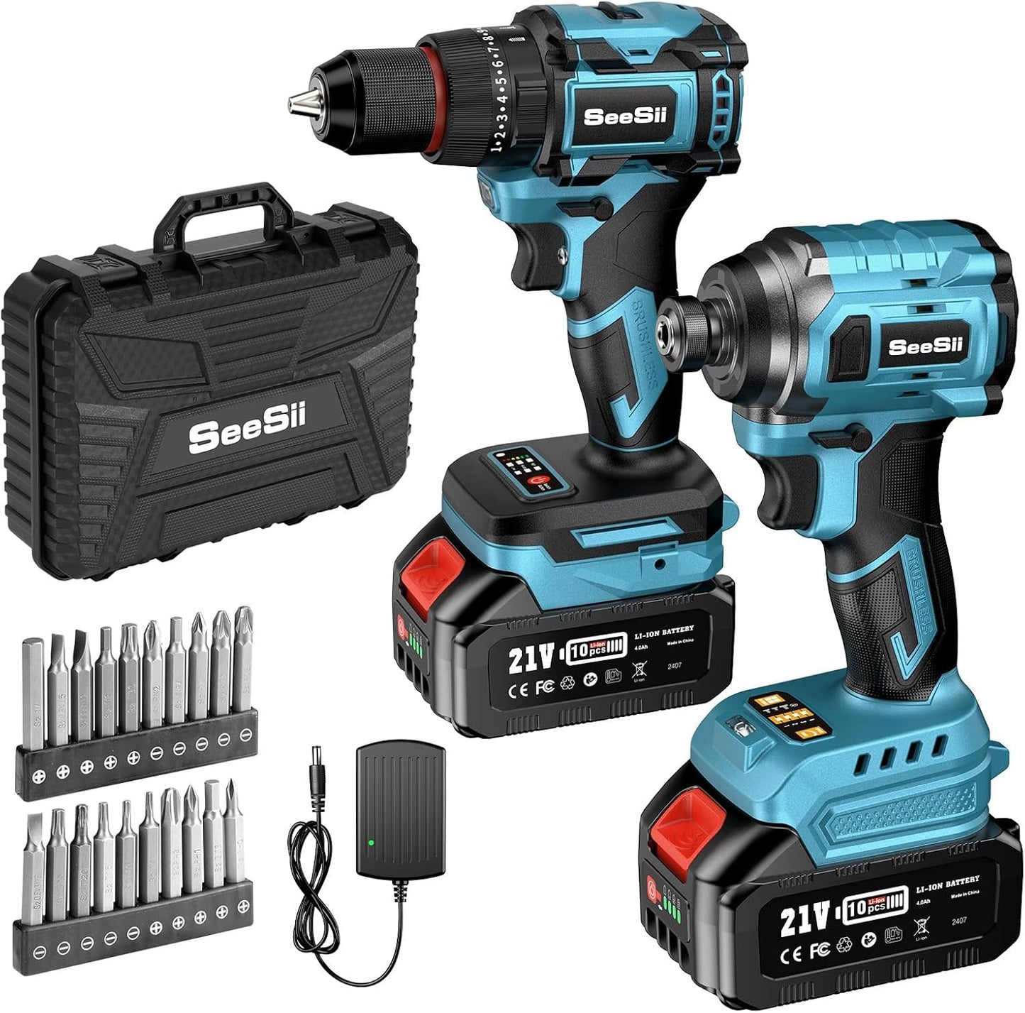 SEESII 21V Max Cordless Drill and Impact Driver, Power Tool Combo Kit Included 3/8'' Drill & 1/4'' Impact Driver, 2x 4000mAh Battery, Fast Charger, 20 pcs Driver Bit Set & Bag