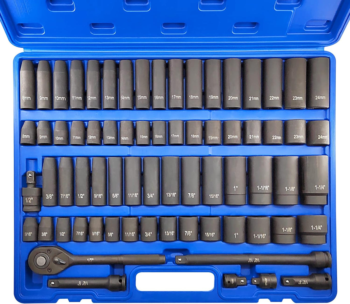70pcs 1/2" Drive Impact Socket Set, Cr-V Steel, SAE & Metric, Standard/Deep Sockets with 72 Teeth Ratchet Handle, Extension Bar, and Adapters