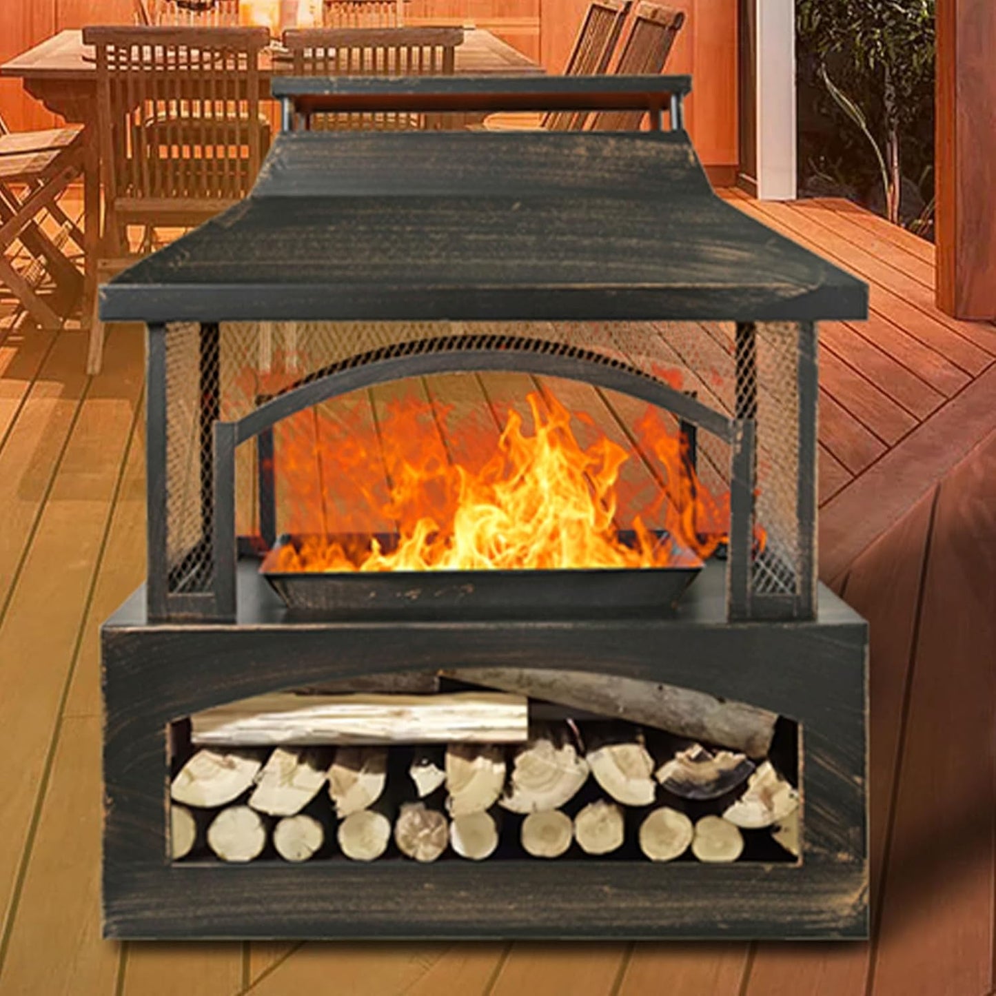 Steel Fire Pits for Outside Wood Burning, 37-Inch Rectangular Outdoor Fireplaces with Chimney & Fire Poker, Large Firepit & Fire Table for Backyard Patio Party Camping Picnic