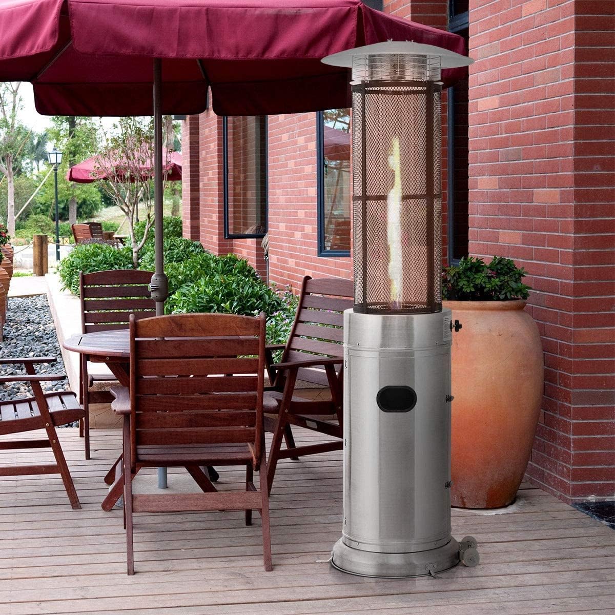 S AFSTAR 34,000 BTU Outdoor Patio Heater, Freestanding Propane Heater w/Wheels & Quartz Glass Tube, Safety Auto Shut Off, Fit to 20LBS Propane Tank, Stainless Steel Gas Space Heaters for Patio Garden