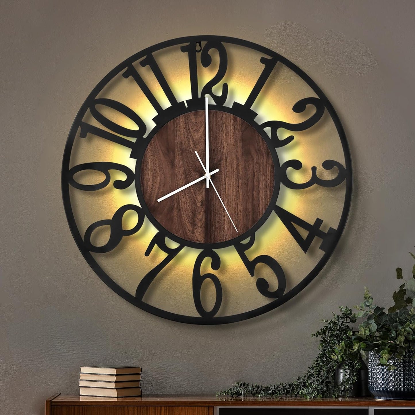 LEIKE Large Wall Clocks with Night Light Battery Operated,Silent Non Ticking,Rustic Modern Big Wood Clock for Living Room, Bedroom,Kitchen,Farmhouse,Office,Home Decor-20 Inch(Black-Arabic Number)