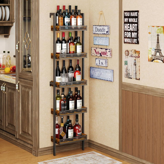 5-Tier Freestanding Wine Racks: 50 Bottles Wine Rack Shelf Wall Mounted with Fences, Wines Bottle Holder Display Shelf, Liquor Storage for Kitchen, Dining Room, Bar, Wood, 17.28''L x 7.95''W x 68.5''H