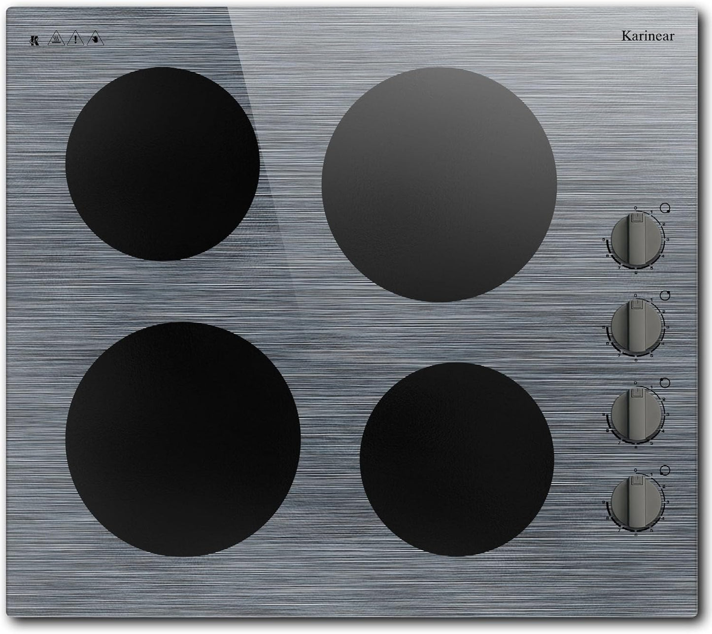 Karinear Electric Cooktop 24 Inch, 4 Burners Electric Stove Knob Control, Built-in Ceramic Cooktop with Beautiful Woodgrain Pattern Glass Surface, 6000W, 220-240v Hard Wired(No Plug)