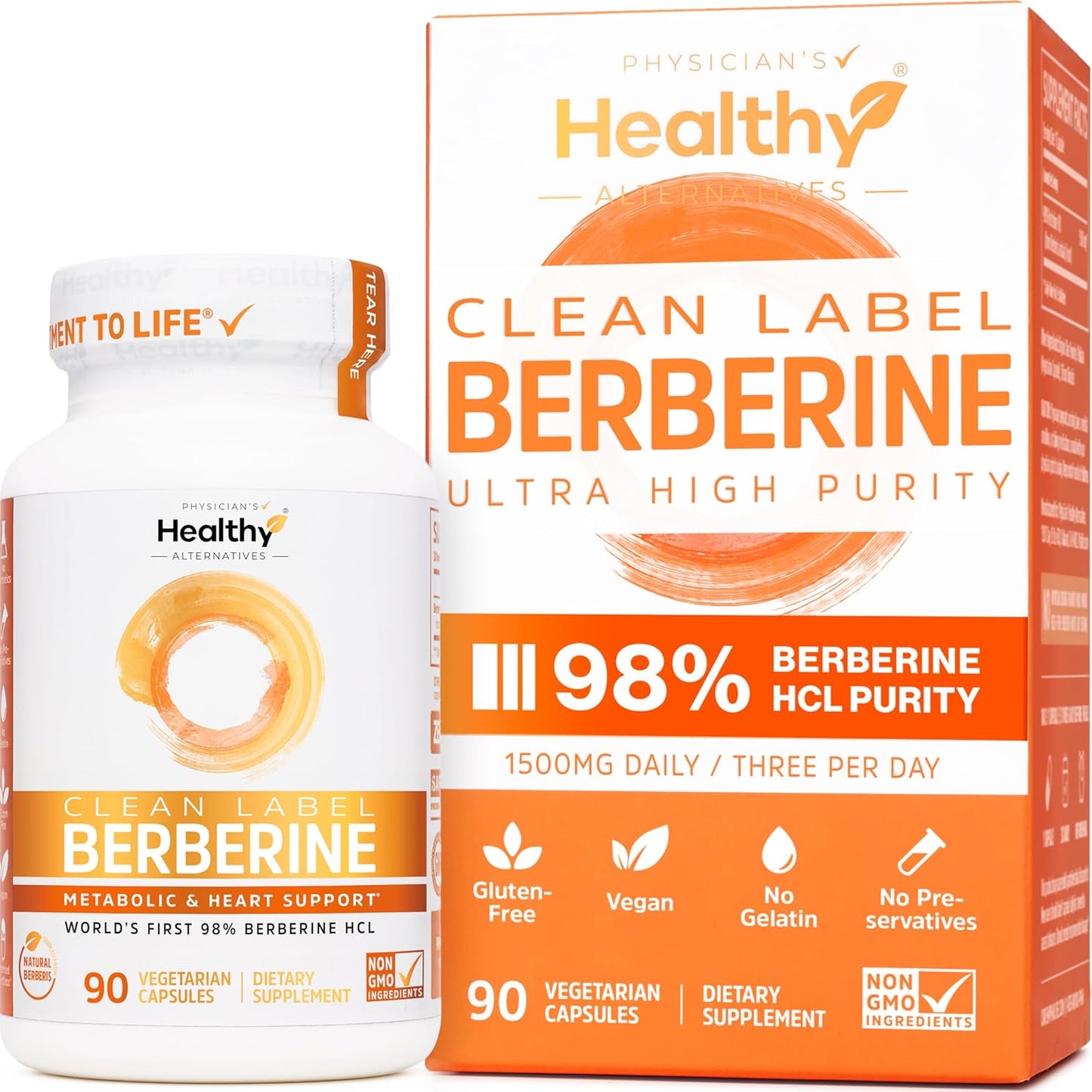 Clean Label Berberine 98% HCl - Highest Purity in USA | 90 Patented Plantcapsยฎ Berberine Supplement for Metabolic & Heart Support | Gluten-Free, Stearate-Free, Non-GMO | Triple-Tested, Made in USA