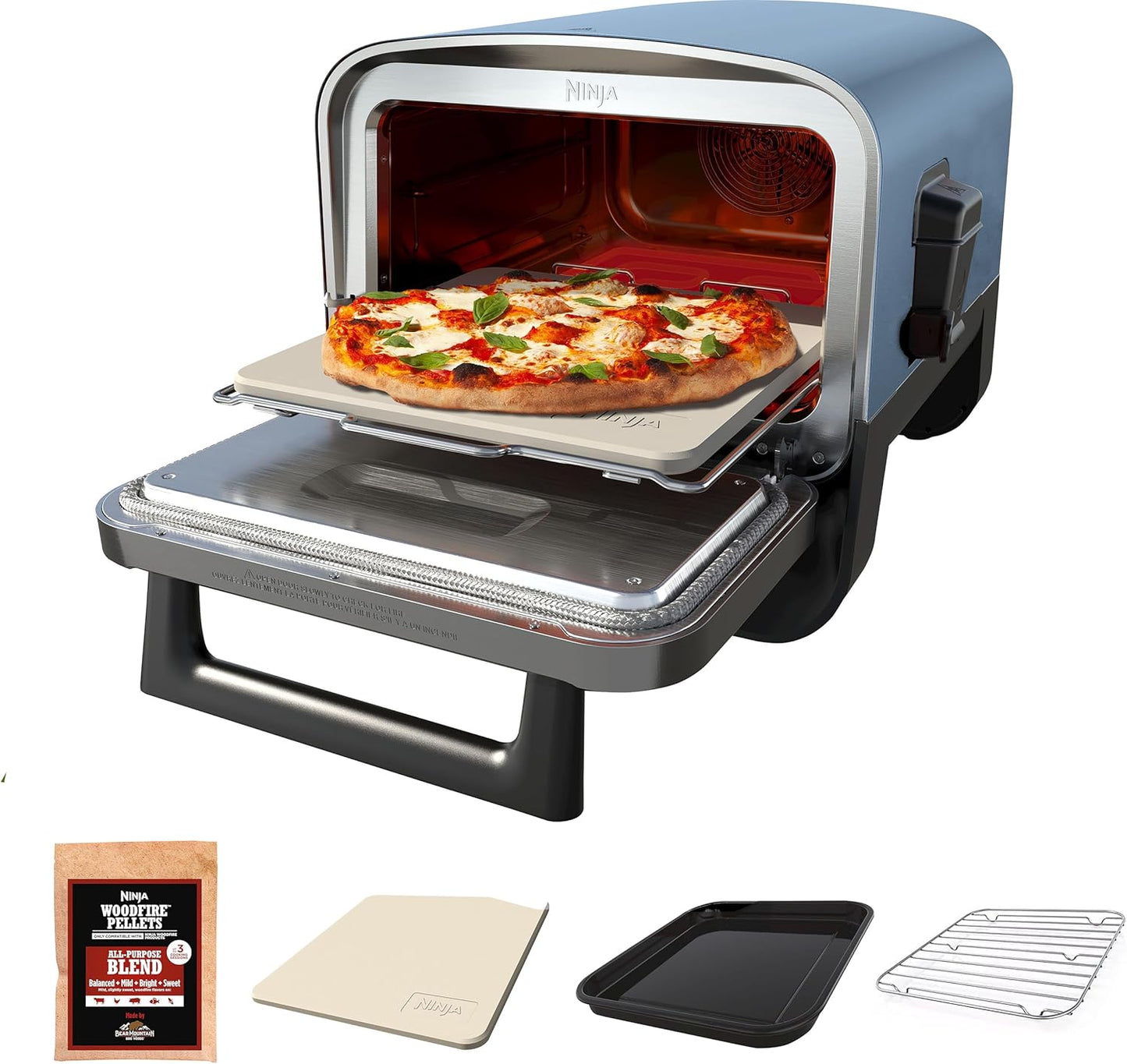 Ninja Woodfire Outdoor Pizza Oven, 8-in-1 Portable Electric Roaster Oven, Heats up to 700°F, 5 Artisan Pizza Settings, Integrated BBQ Smoker Box, Includes Flavored Wood Pellets, Navy (Renewed)