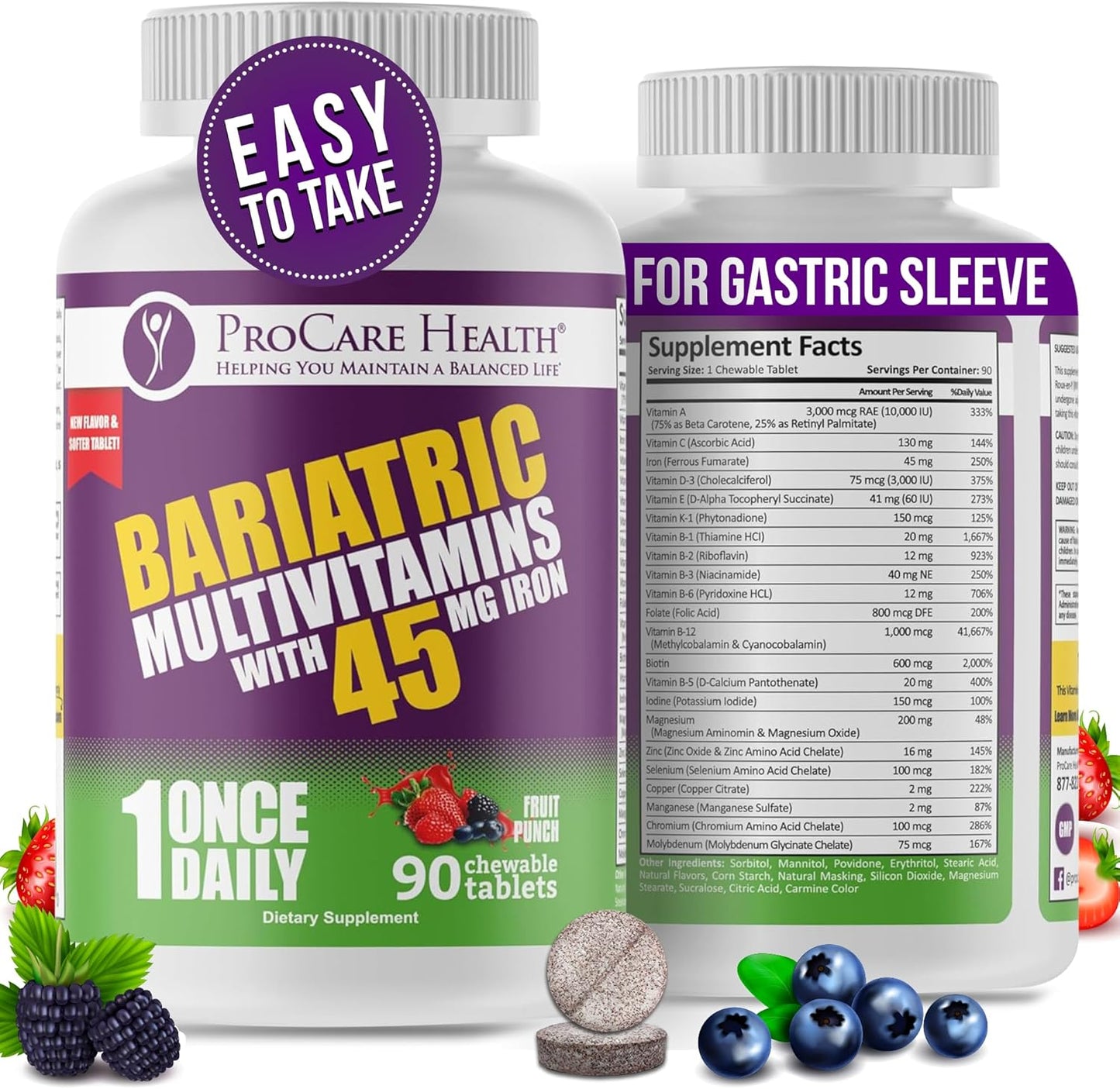 Procare Health Bariatric Multivitamin with Iron 45mg Chewable (90 Tablets) - Fruit Punch Flavor Bariatric Multivitamin Chewable Pills for Gastric Bypass & Sleeve Gastrectomy Patients (03 Month Supply)