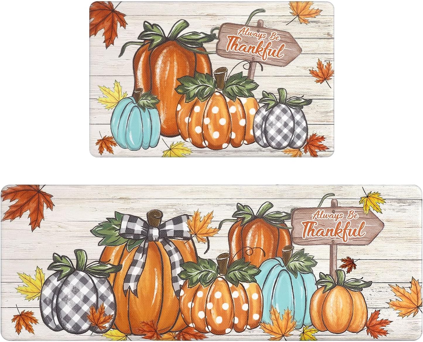 U'Artlines Fall Kitchen Mat Anti Fatigue Cushioned Comfort Standing Desk Mats Rugs Colorful Pumpkin Kitchen Mats for Floor 17"x28"+17"x47"