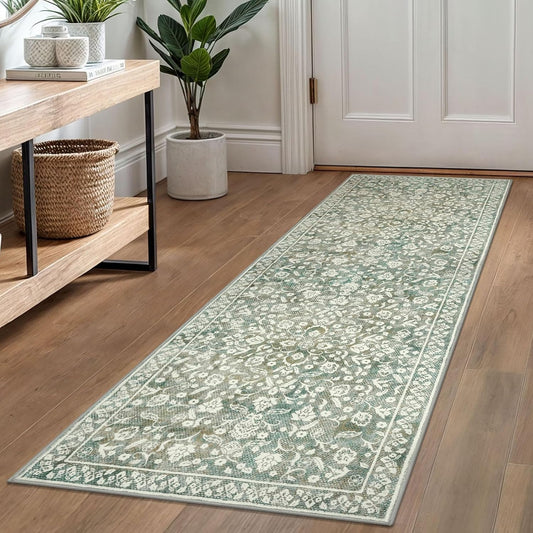 SILOLOOM Vintage Washable Runner Rug 2x6, Sage Green Beige Runners for hallways, Super Soft Kitchen Runner Rug Non Slip, Printed Faux Wool Floral Thin Carpet Runner for Entryway Laundry Room Bedroom
