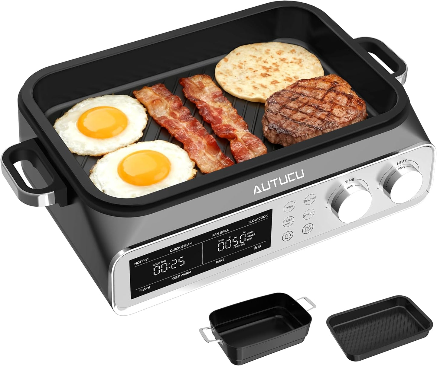 N21NA Pro Slow Cooker 10 Quart, 8-in-1 Programmable PFOA-Free Ceramic Coated Multi-Cooker with Grill Pan, Steaming Plate (Includes Silicone Spoon & Tongs)