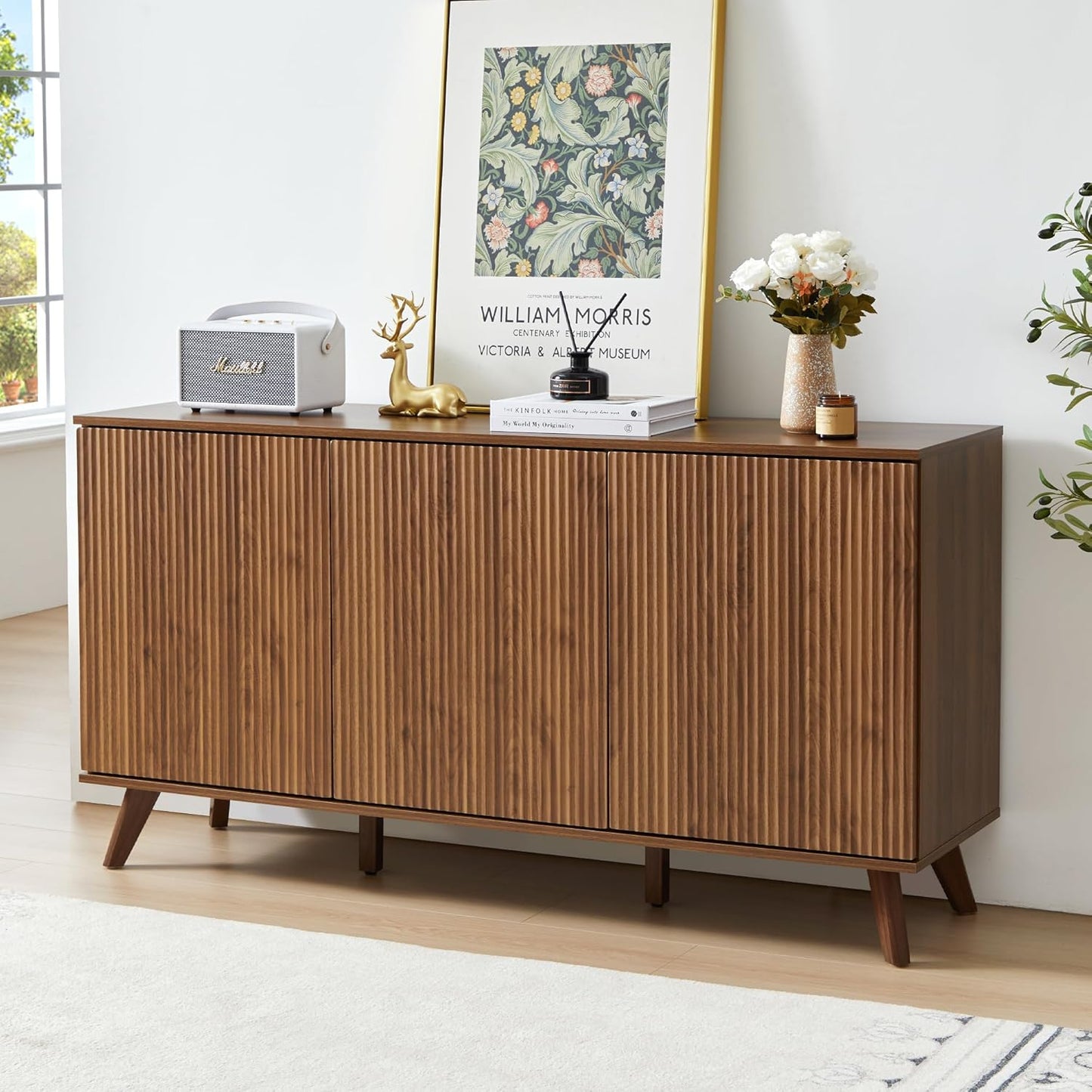 XUZENEST Fluted Sideboard Buffet Cabinet with Storage, Modern Storage Cabinet with 3 Doors, Wood Credenza Buffet Sideboards, Console Table for Kitchen Dining Living Room Entryway (Walnut)
