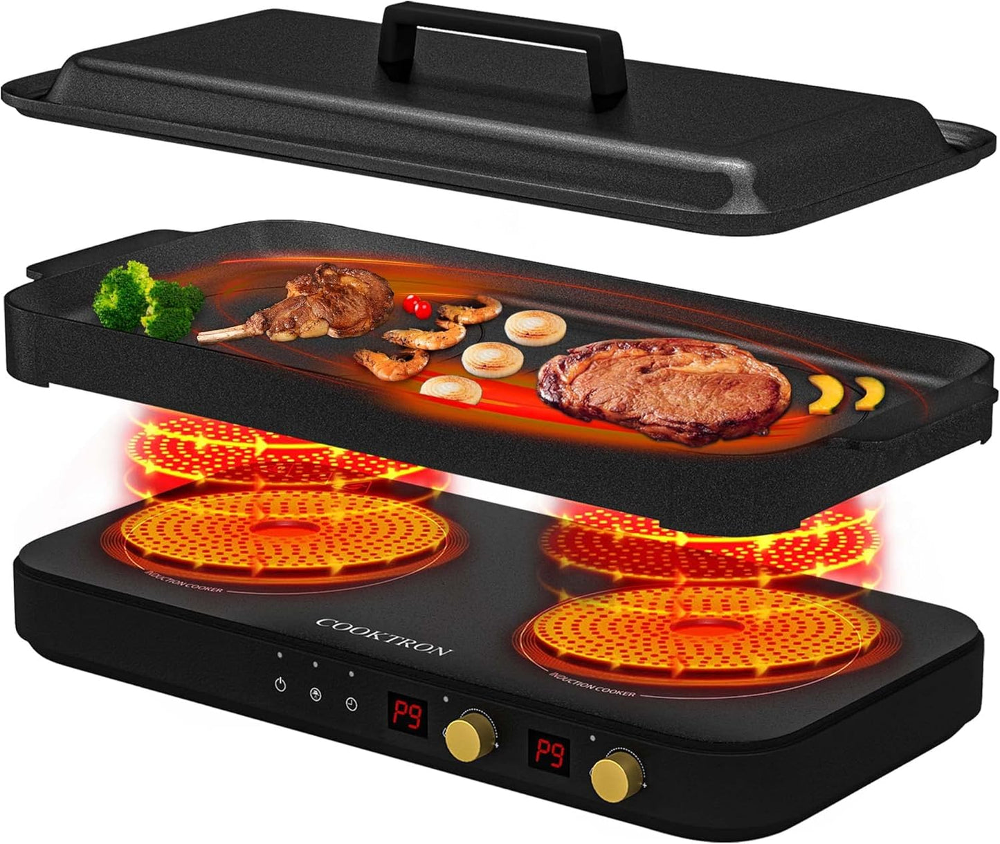 COOKTRON Portable Induction Cooktop 2 Burner with Removable Iron Cast Griddle Pan Non-stick, 1800W Double Induction Cooktop with Child Safety Lock & Time, Great for Family Party