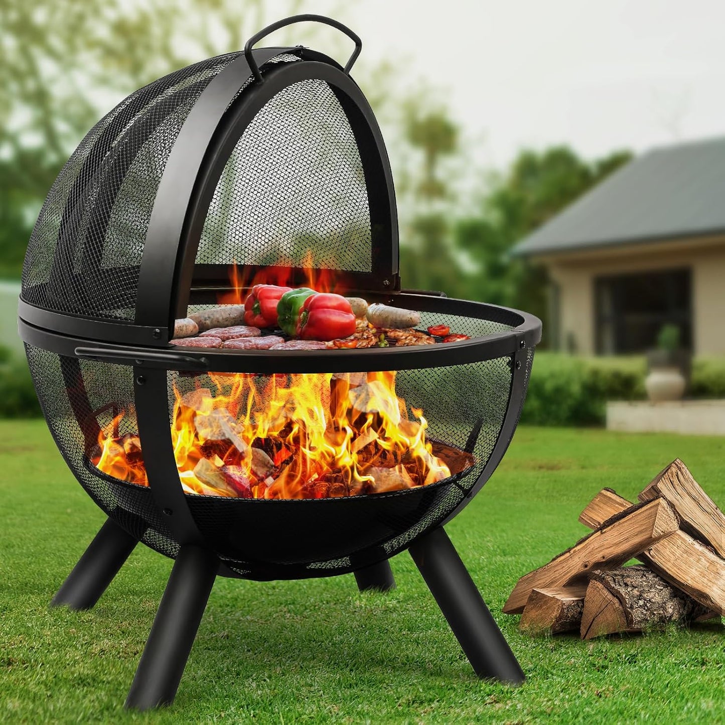 Ikuby Ball of Fire Pit fire Ball with BBQ Grill fire Globe Pit Large Round fire Pit,Patio Fire Pit Fireplace for Camping, Heating, Bonfire and Picnic, Black, 33.85*32.67*35in, (BLKFP-001)