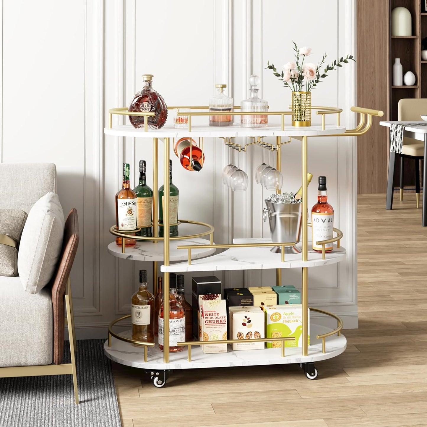 GarveeHome Gold Bar Carts with 4-Tiers Storage Shelves,Mobile Bar Seving Carts On Wheels with Wine Rack and Glass Holder for Kitchen, Dining Room, Living Room-Gold+White