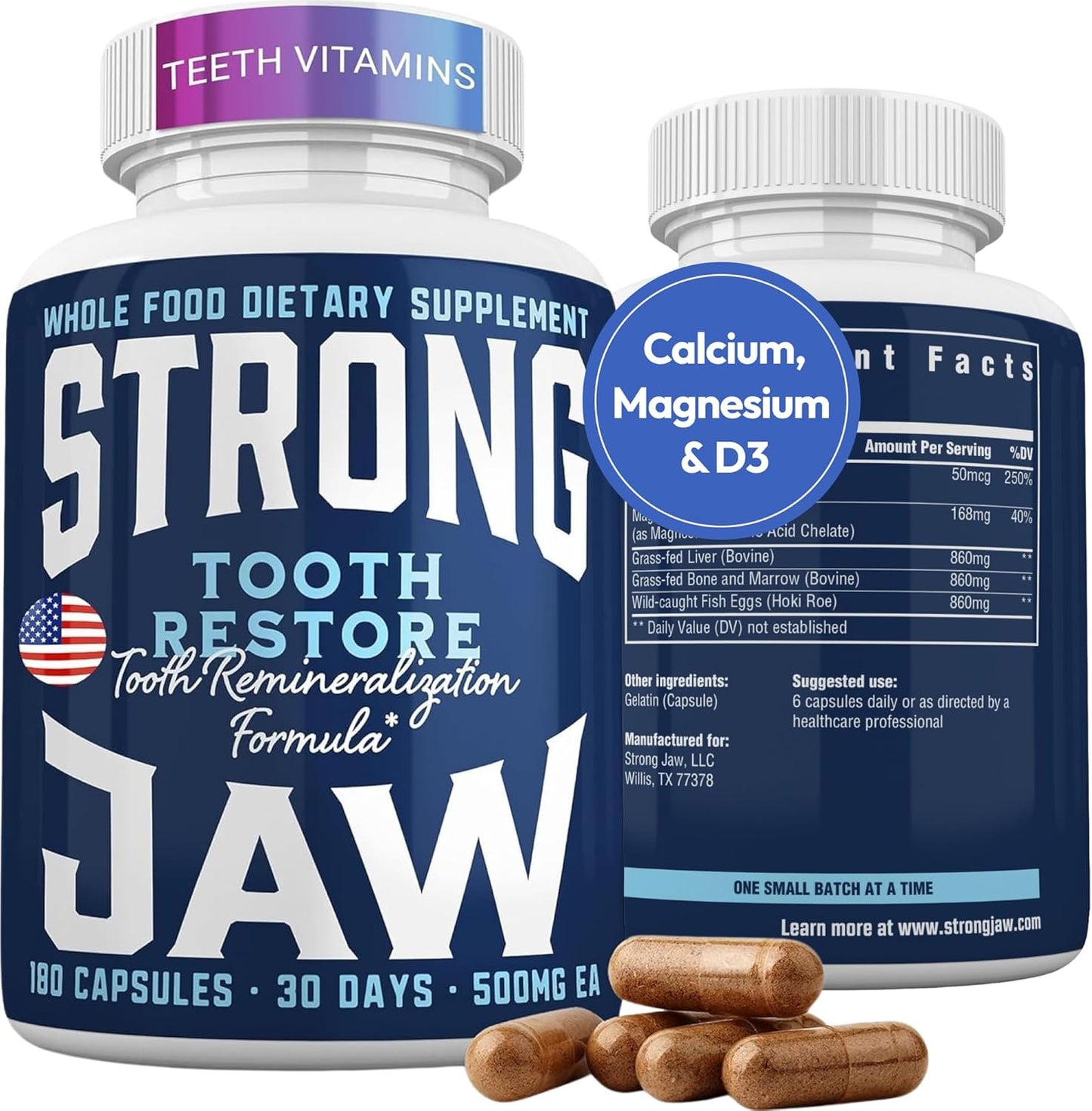 Tooth Restore for Adults with Remineralizing Gum Support 180 Capsules Made in USA - Teeth Vitamins for Strong Teeth Bone Health Supplement Calcium VitaminD3 Hydroxyapatite Enamel Repair