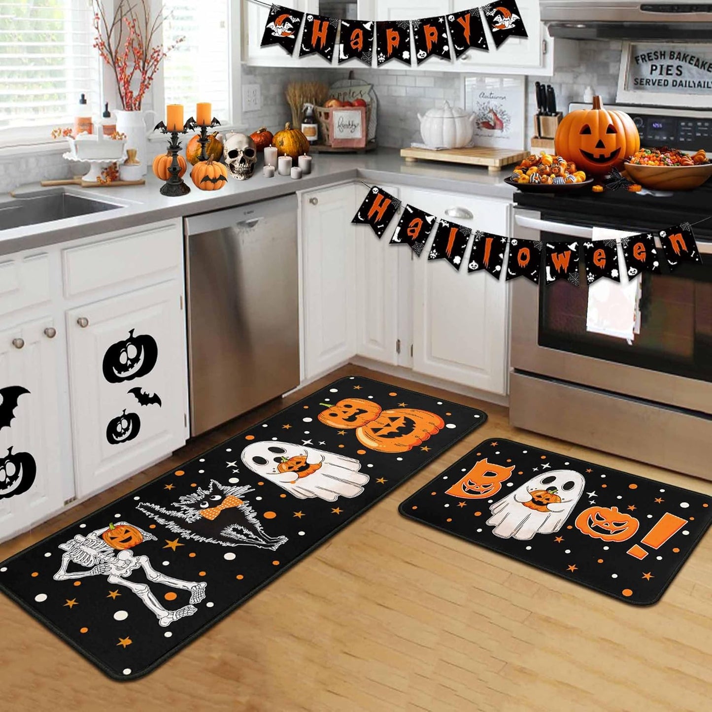 flippana Halloween Kitchen Rugs and Mats for Floor, Halloween Decorations for Home, 2 Pcs Non-Slip Backing Pumpkin Mat, Halloween Decor Holiday Kitchen Rug Sets with Runner (Boo, 17"x47.2"+17"x30")