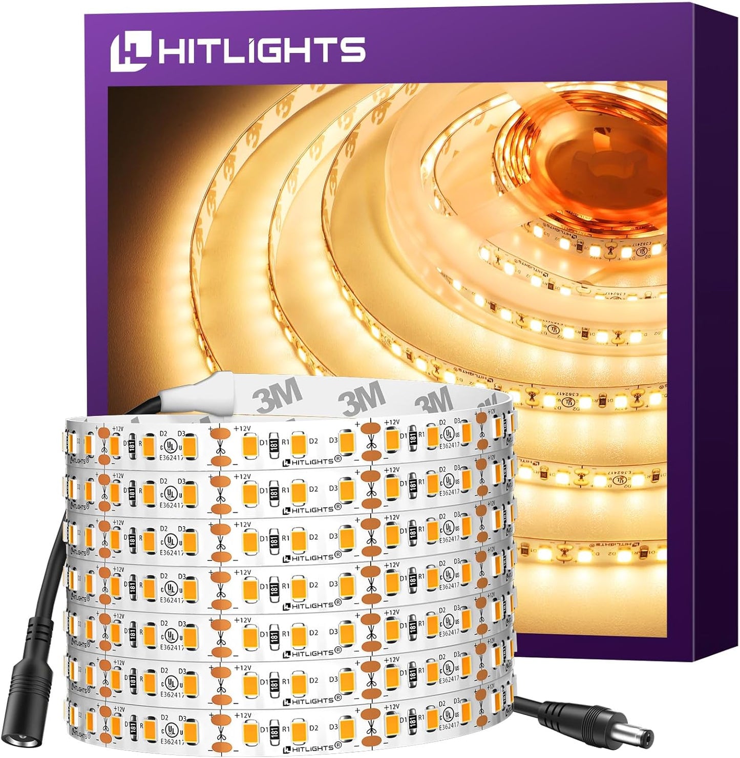 HitLights LED Strip Lights Warm White 3000K, 16.4ft High Density Tape Light, UL-Listed, 600 LEDs, 300Lm\/ft, 12V Flexible Dimmable Rope Lights for Bedroom, Kitchen, Cabinet (Power Source Not Included)