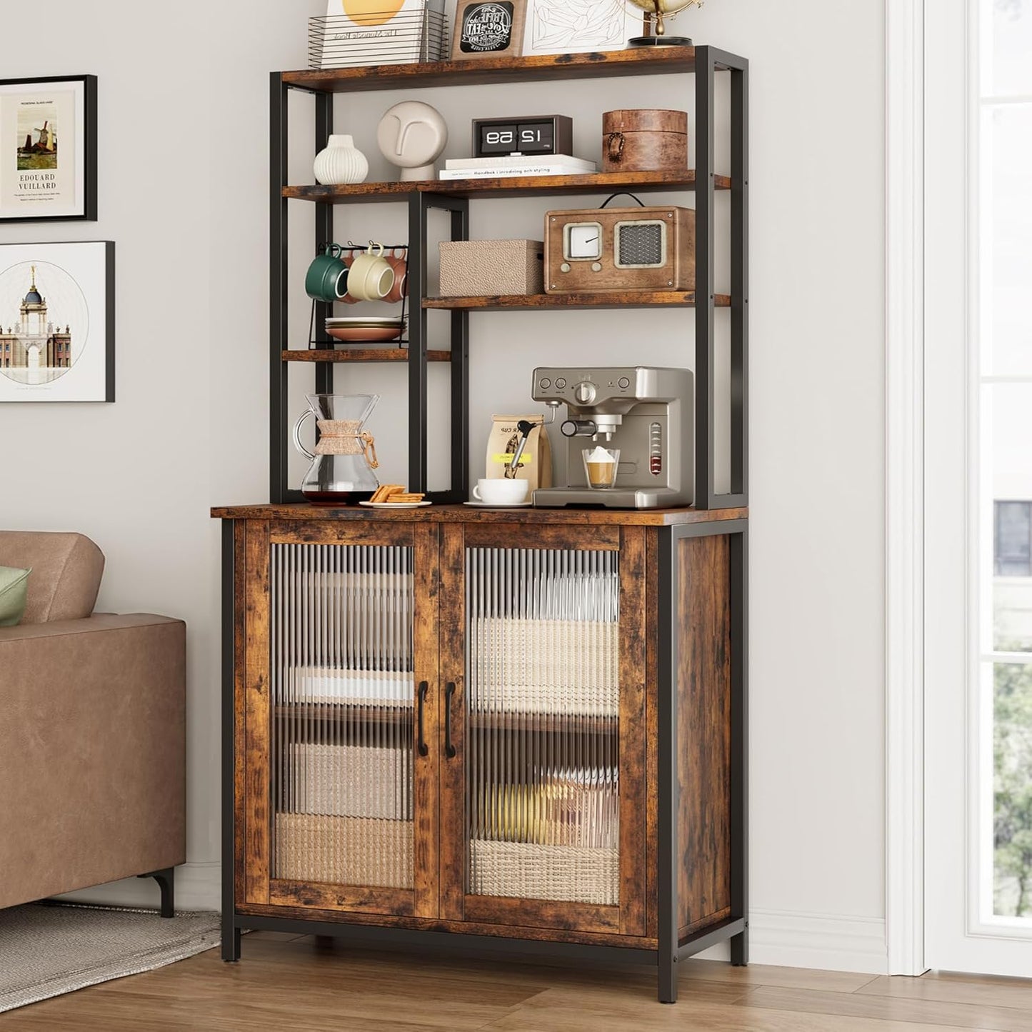 CABIHOME Bakers Rack with Cabinet, 5 Tier Microwave Stand 63.78", Baker Rack with Fluted Door Large Kitchen Oven Stand Tall Bar Cabinet, Retro Brown Coffee Bar Station