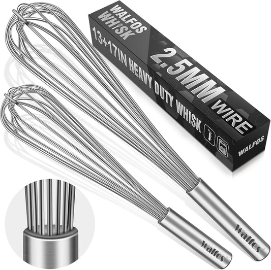 Walfos Whisks Large Whisk Set of 2, Heavy Duty Stainless Steel Wire Whisk Ideal For Beating Eggs, Mixing Batter & Blending Sauces.(13in+17in)