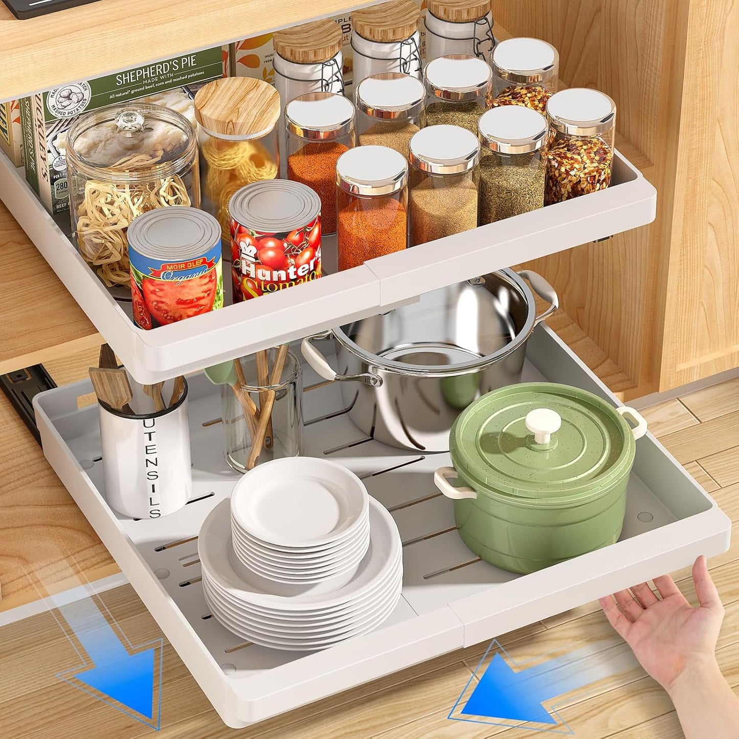 DOMNIU 2 Pack Pull Out Cabinet Organizers Expandable, Slide Out Drawers for Kitchen, Bathroom, Pantry, Under Sink Storage, Pull Out Drawers Fixed with Adhesive Nano Film (White, 11.6''-17.5'')