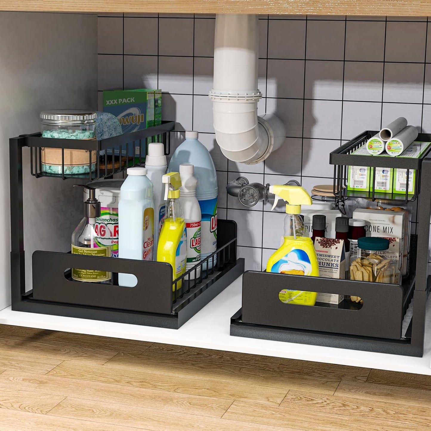 bukfen Under Sink Organizer, Pull Out Cabinet Organizer 2-Tier Slide Out Sliding Shelf Under Cabinet Storage Multi-Use for Under Kitchen Bathroom Sink Organizers and Storage ,2 Pack