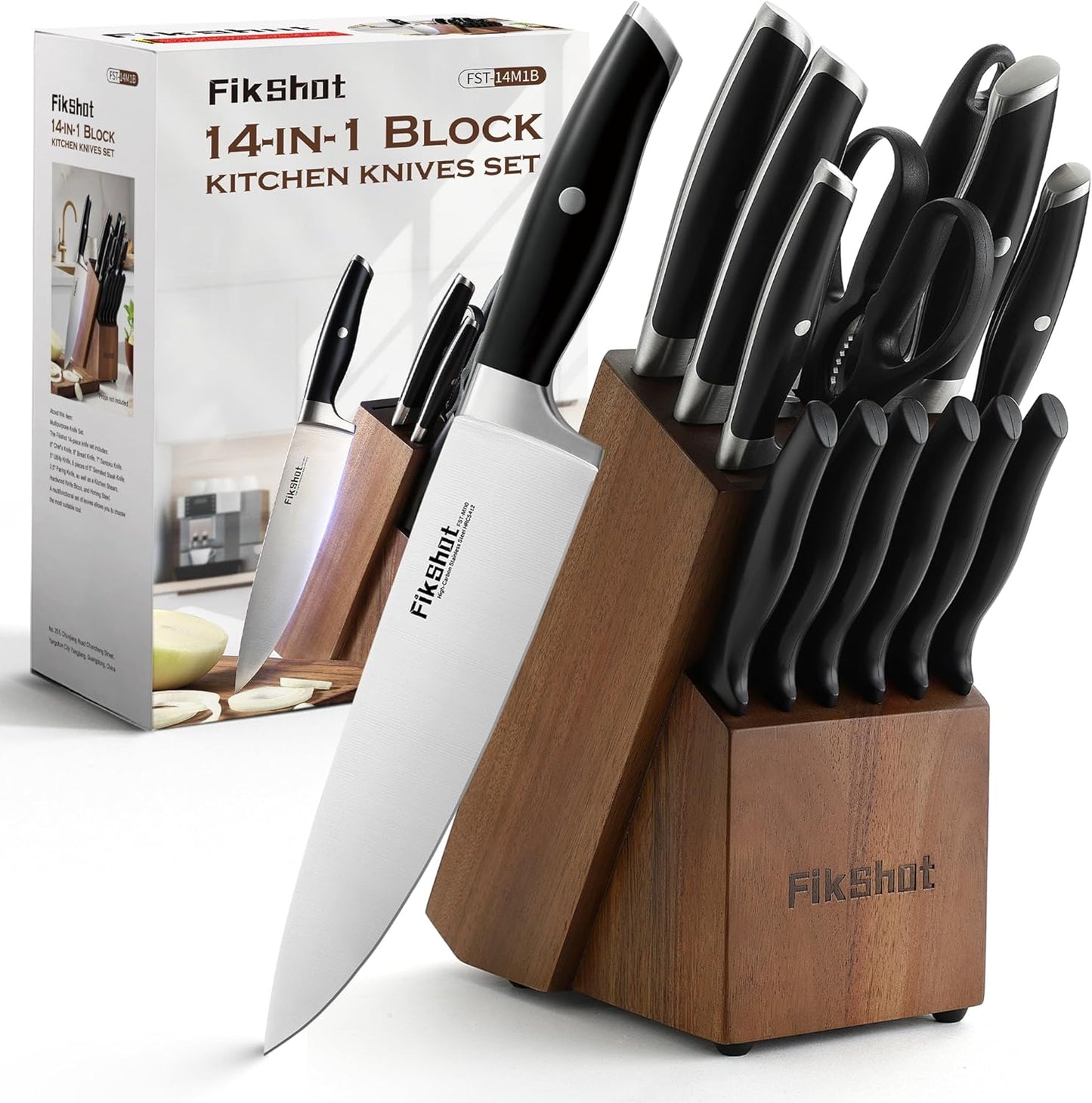 Knife Block Set, FIKSHOT Kitchen Knife Sets, High Carbon Stainless Steel Full Tang Knife set, Razor-Sharp Blade Rust Resistant, Professional Chef's Knife for Home Cooking (BLACK)