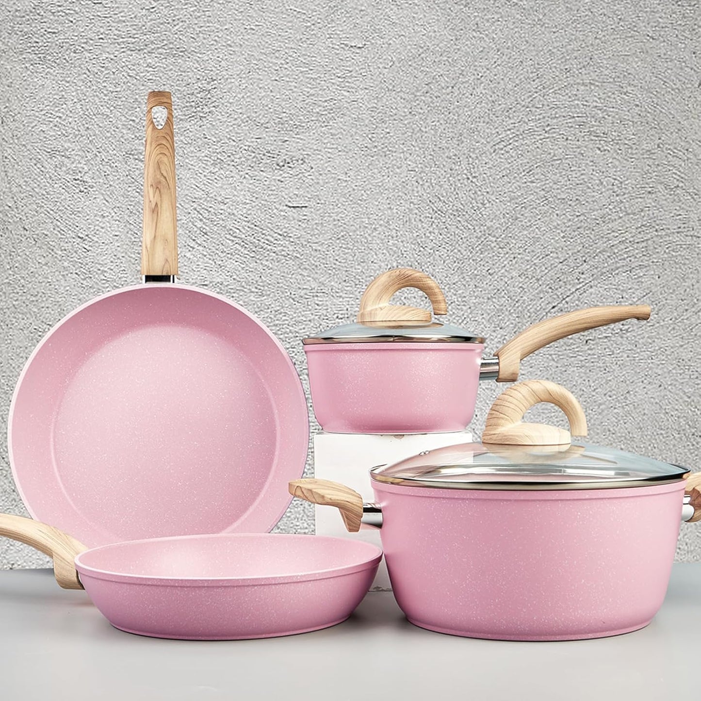 Vkoocy Pink Pots and Pans Set Non Stick, Ceramic Cookware Set with Granite Pattern Kitchen Cooking Sets Induction Pot and Pan w\/Frying Pans, Saucepans, Casserole, Non-Toxic, PTFE\/PFOA\/PFOS-Free