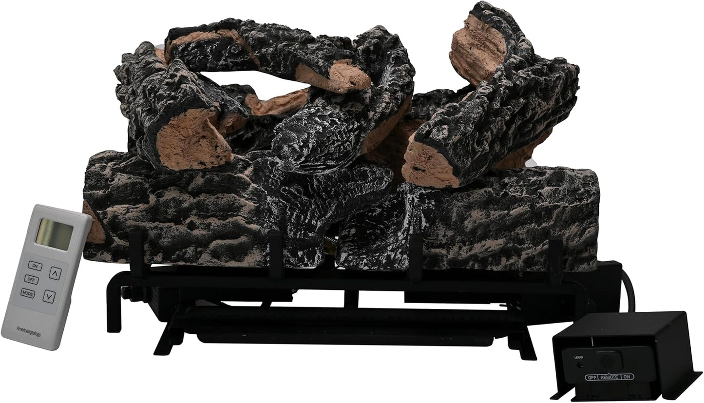 Americangaslogs 18-24 Inch Ventless Fireplace Logs Set with Remote Control, Only Used for Natural Gas,Heats up to 36000BTU (Natural Gas Fireplace Black Oak, 18Inch)