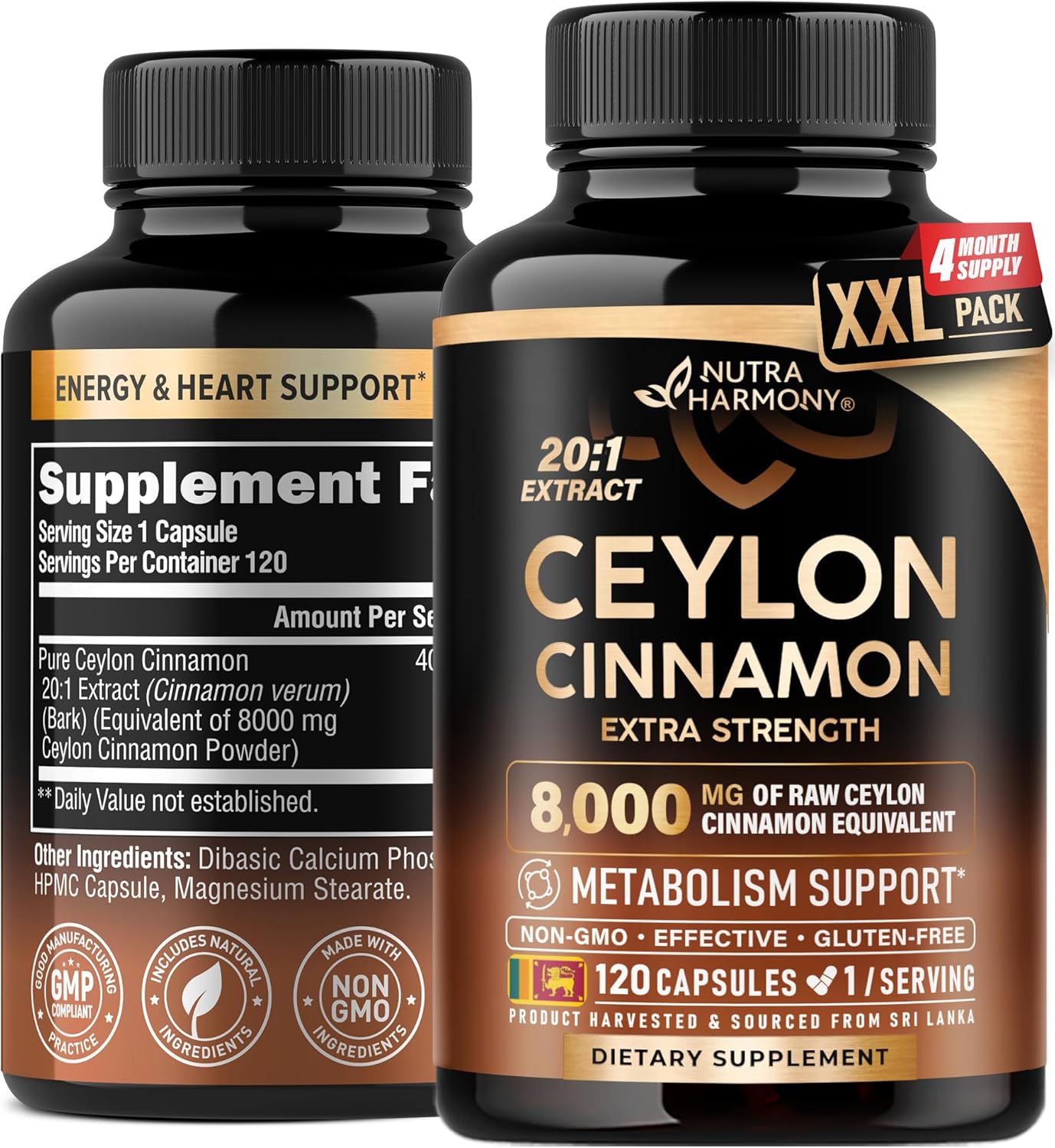 Ceylon Cinnamon Capsules - Extra Strength - Energy, Heart & Metabolism Support - for Men & Women - Pure Natural Extract 20:1 Supplement - Made in USA - GMO & Gluten Free, 120 Capsules, 4 Month Supply
