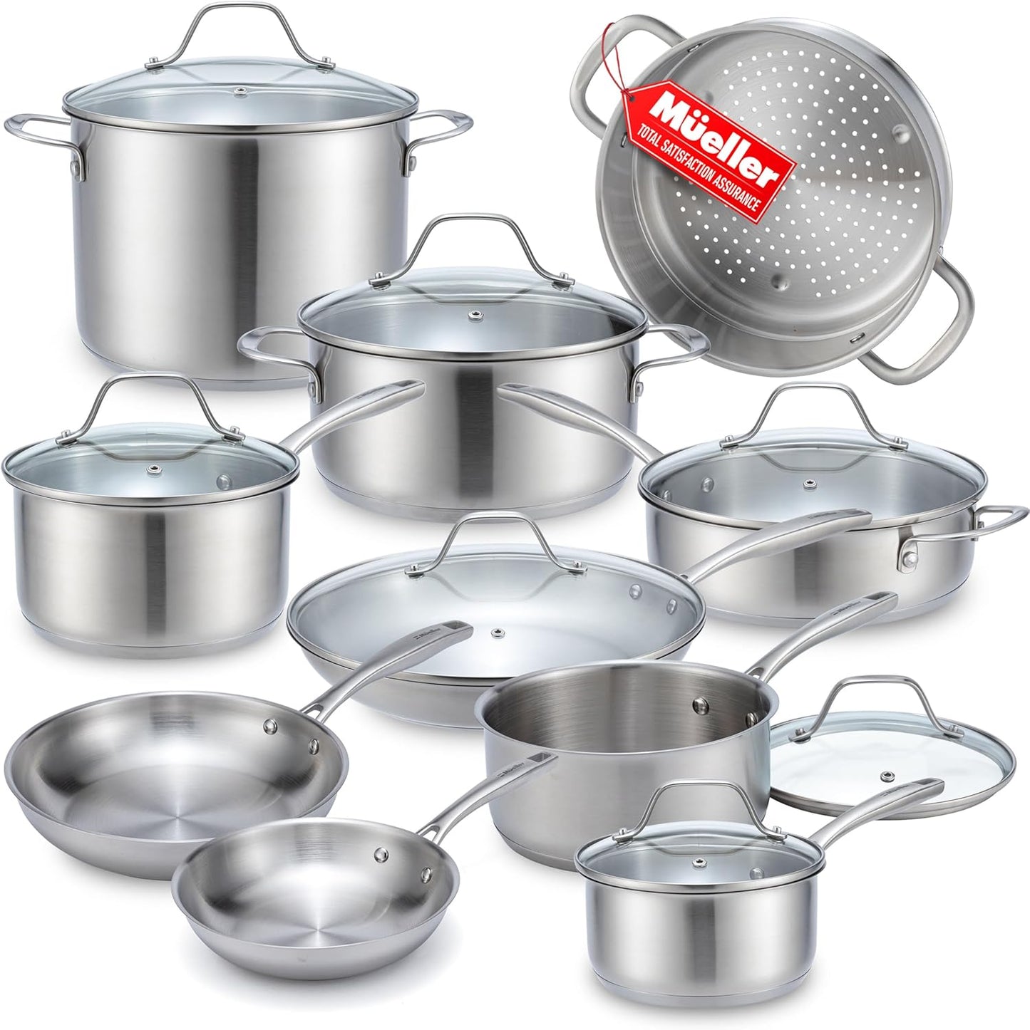 Mueller Pots and Pans Set 17-Piece, Ultra-Clad Pro Stainless Steel Cookware Set, Ergonomic EverCool Handle, Induction Cookware, Includes Saucepans, Skillets, Dutch Oven, Stockpot, Steamer For Cooking