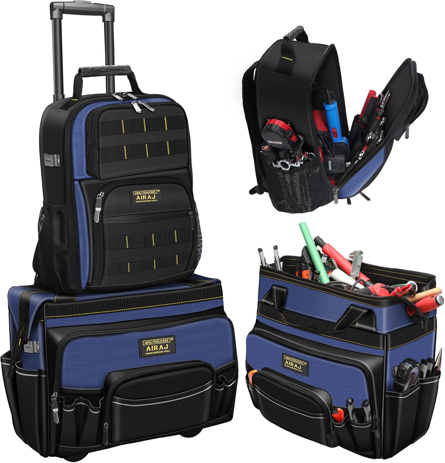 AIRAJ 21" Rolling Tool Bag with Wheels & 18" Tool Backpack Set | Adjustable Telescoping Handle | Waterproof Tool Bag | Tool Backpack Heavy Duty | 1680D Oxford Cloth | USB Charging Port | 55 Pockets